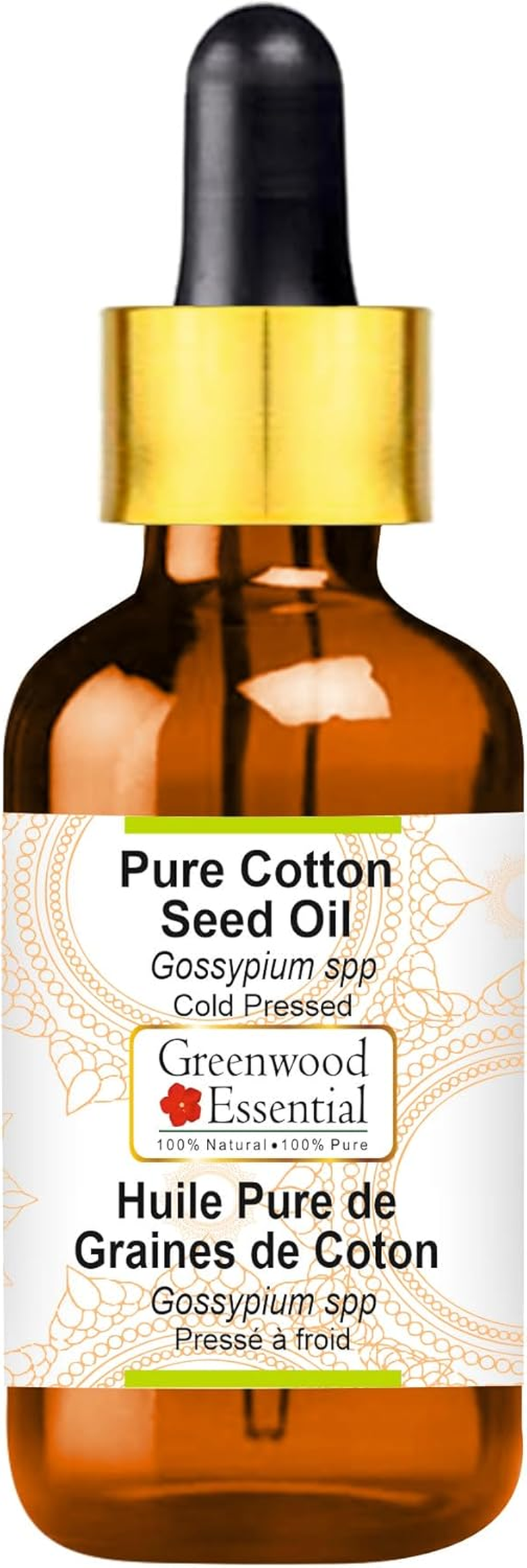 Greenwood Essential Pure Cotton Seed Oil (Gossypium Spp) with Glass Dropper Cold Pressed 10Ml (0.33 Oz)