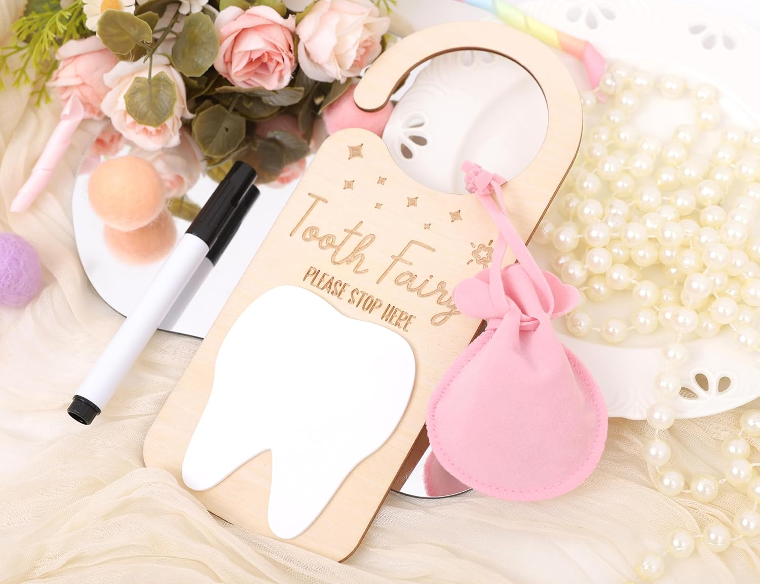 Tooth Fairy Door Hanger - Door Wooden Hanger Decoration , Tooth Fairy Money Holder , Personalized Tooth Holder Bag , with Money Holder Tooth Fairy Pick up Box (Door Hanger Pink) image number 1