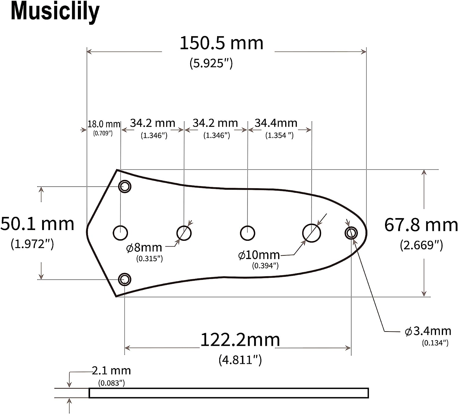 Musiclily 4 Hole Jazz Bass Control Plate for J Bass Style Guitar,Black - Chrome image number 4