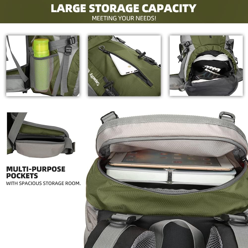 Hongxinghai 70L Camping Hiking Backpack with Rain Cover Waterproof Backpacking Backpack for Hiking Treeking Climbing Outdoor - Armygreen image number 4