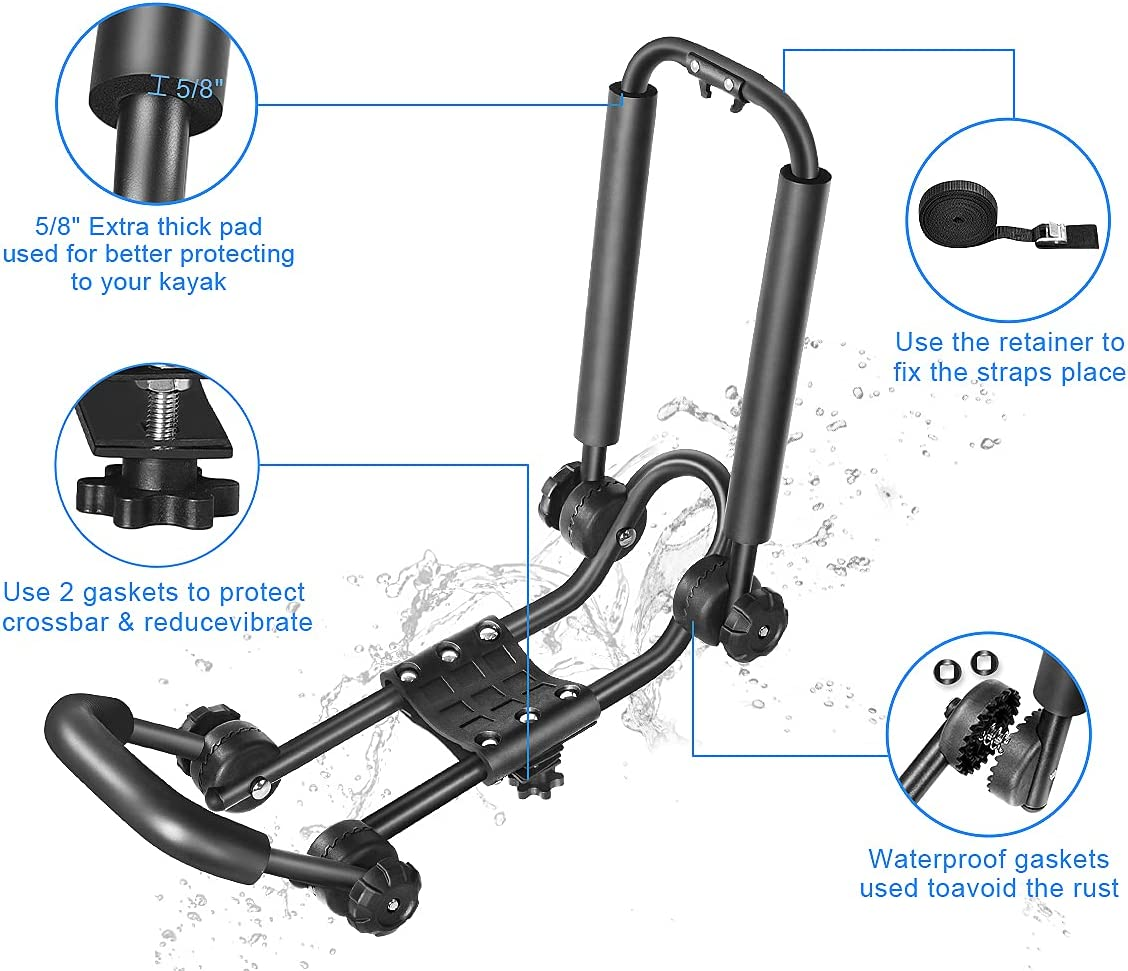 One Pair Fold down J Bar Kayak Rack Designed Mounts to Virtually All Crossbars and Load Bars Double Folding J Bar Car Roof Carrier for Kayak Canoe Surf Board and SUP Paddle Boat (1 Pair) image number 1