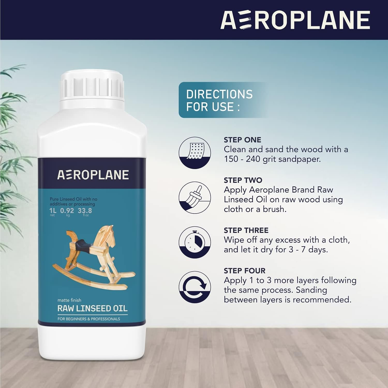 AEROPLANE Brand - Raw Linseed Oil - Used for Wood Finishing & Restoration, Sports Equipment, Wall Base Coat & Putty, Tools & Hardware - Natural Wood Varnish, Amber image number 6
