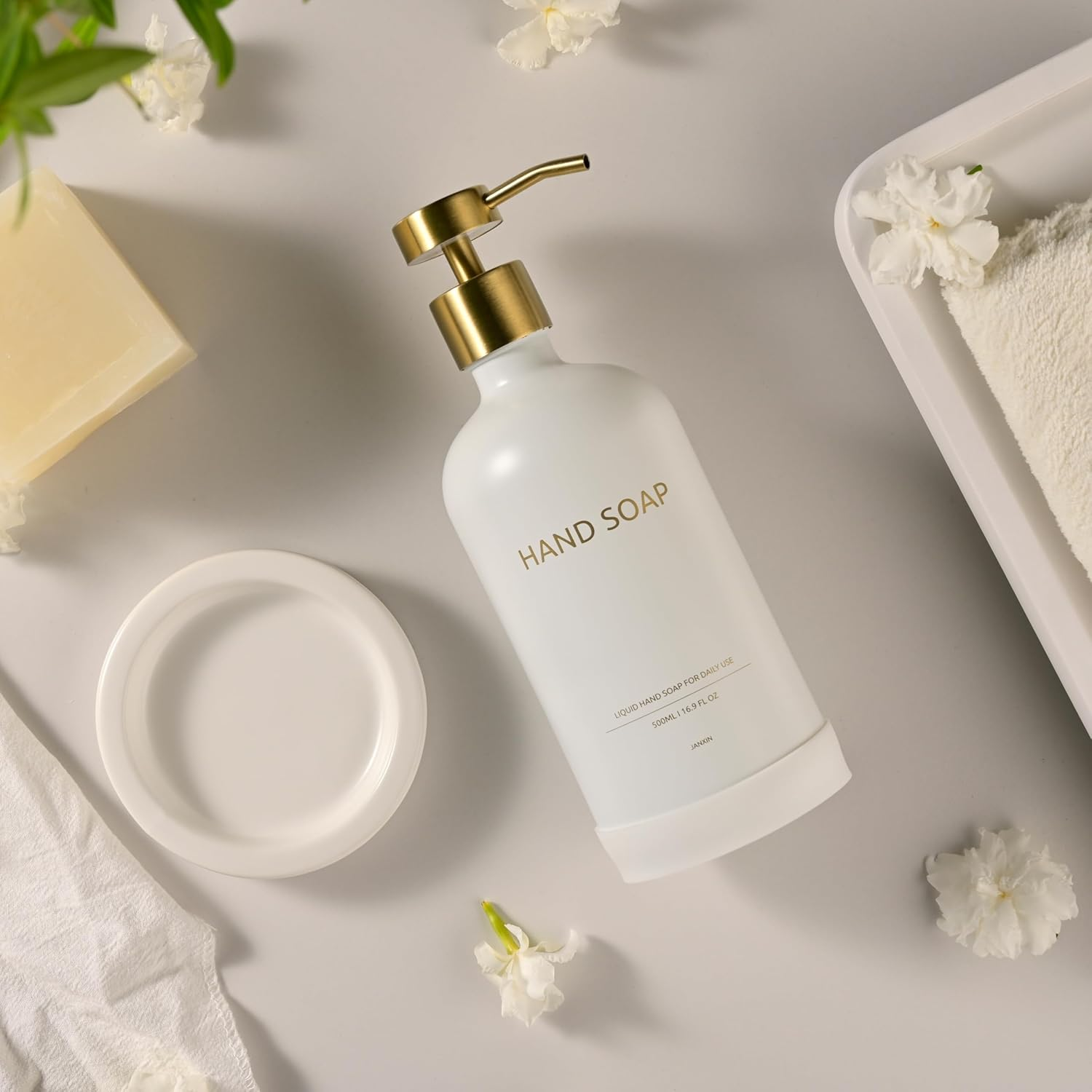 Glass Soap Dispenser Set by Janxin,Bathroom Soap Dispenser Set with Ceramic Tray,Luxury Bathroom Accessories,Modern Kitchen Decor (White+Gold(Hand Soap)) image number 1