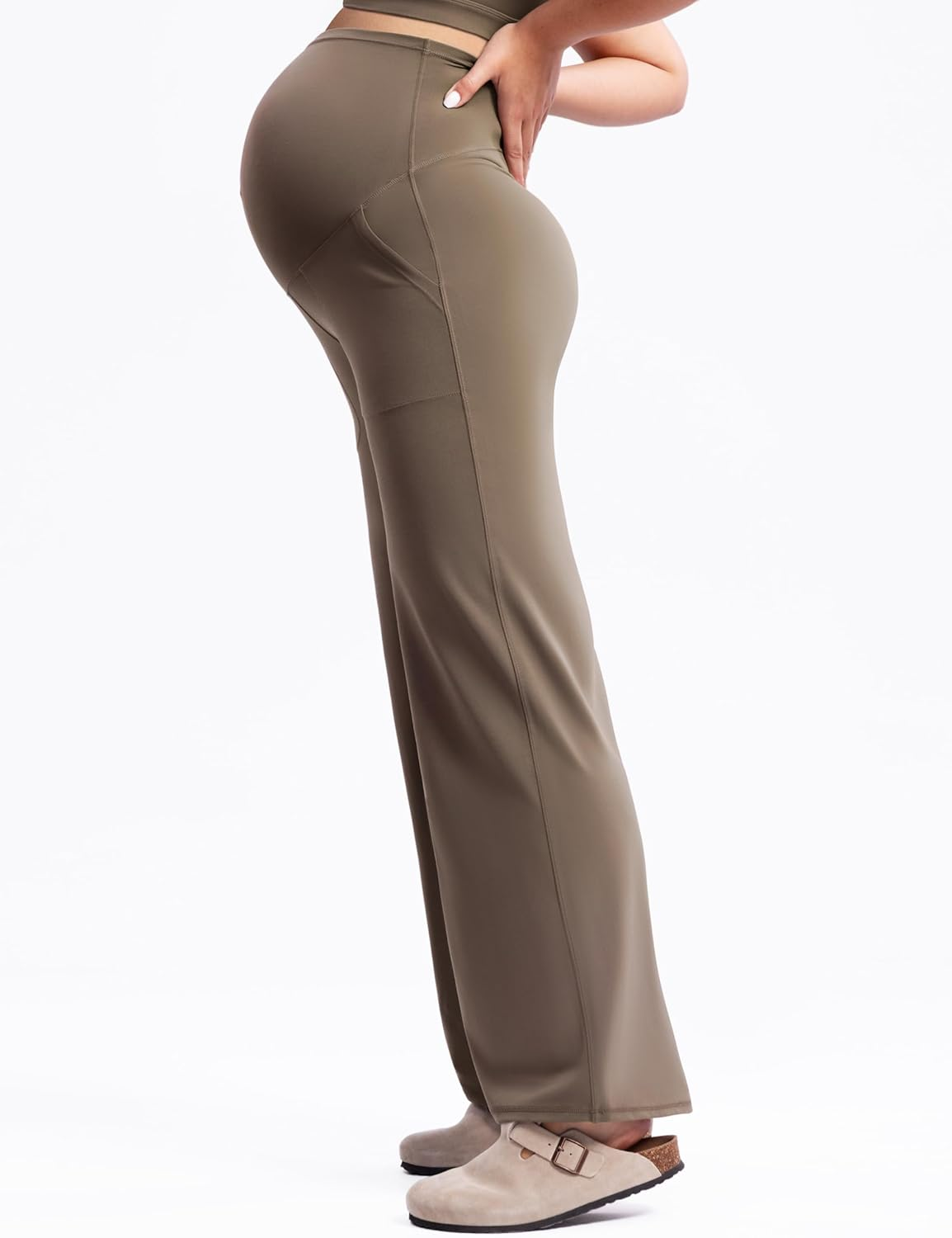 POSHDIVAH Women'S Creamluxe Maternity Yoga Wide Leg Pants Petite/Regular/Tall Pregnancy Work Dress Sweatpants with Pockets image number 2