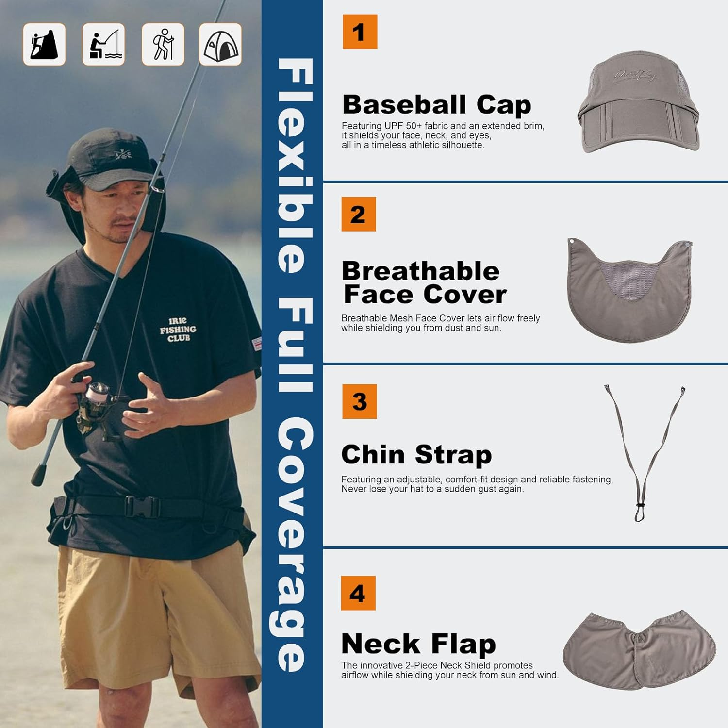 Surblue Neck Face Flap Outdoor Cap UV Protection Sun Hats Fishing Hat Quick-Drying UPF50+ image number 1