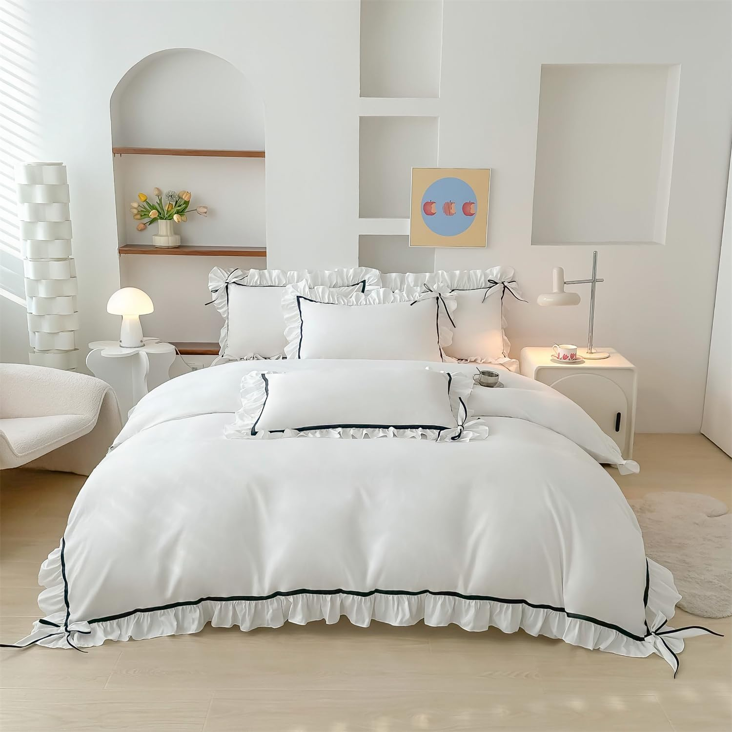 SOUKACH Ruffled Bedding Bow Duvet Cover Set with Butterfly Tie, Soft Brushed Microfiber Shabby Chic Bedding Set with Zipper Closure for Kids Girls-White,Full image number 3