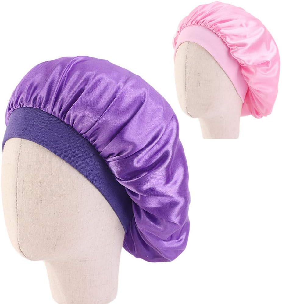 2 Pcs Kids Satin Sleeping Caps Head Cover Bonnet with Elastic Band Hair Care Cap Night Hat for Baby Toddler Teens (Purple and Pink)