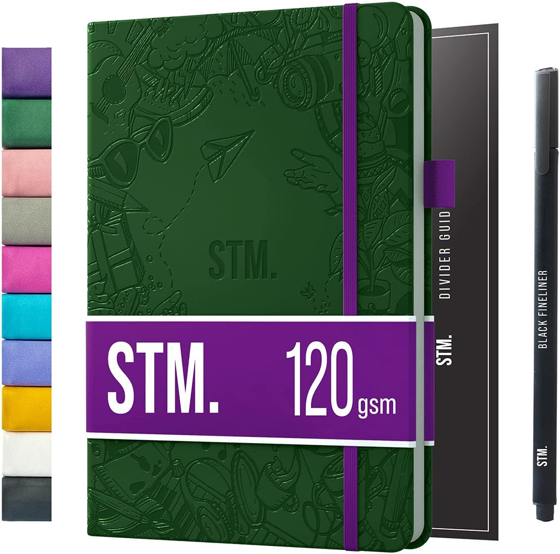 A5 Bullet Dotted Journal Notebook by STM | Thick Bleedproof 160Gsm Paper, 150 Pages | Lay Flat Vegan Leather Hardcover | 2 Bookmarks, Printed Page Numbers | Black Pen | 5.75 X 8.5 in | Bottle Green