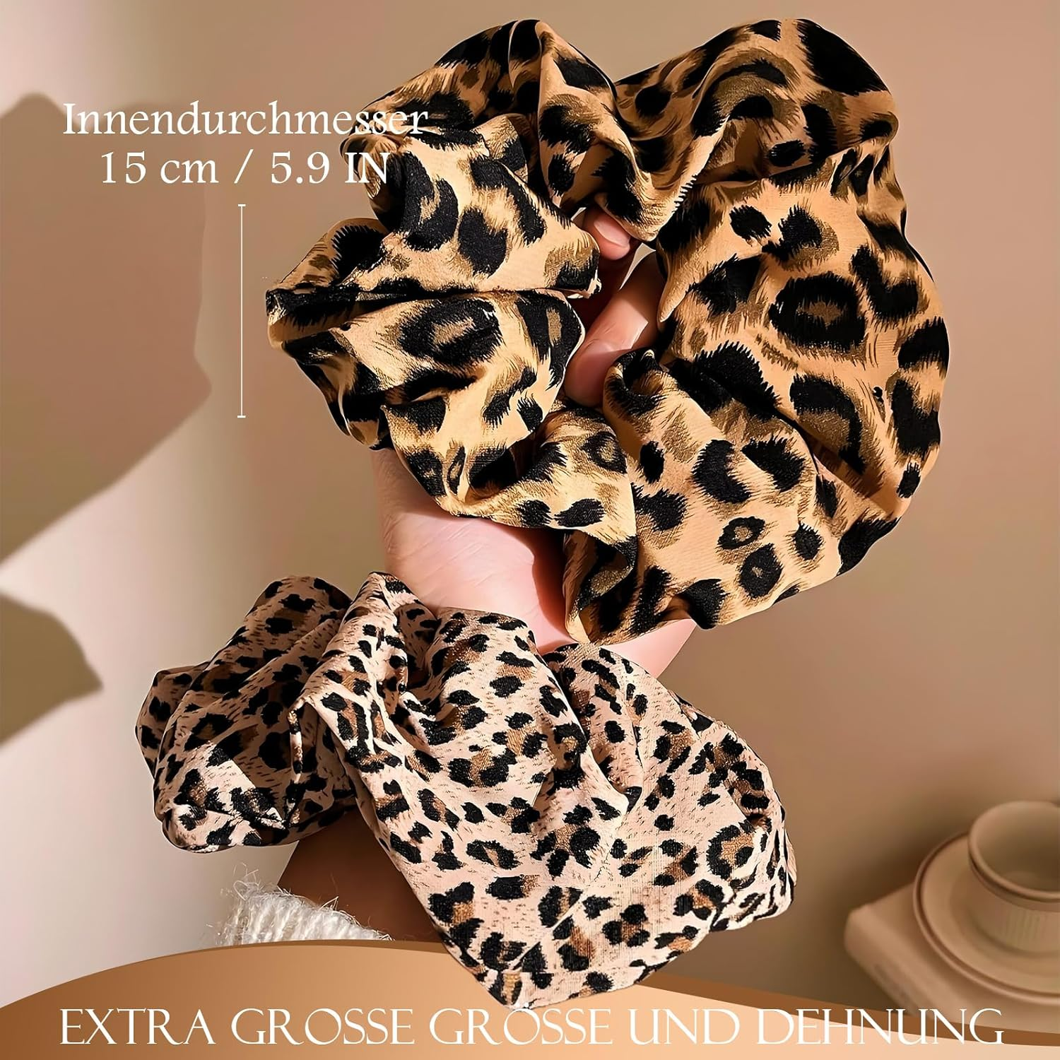 PUSCOBSY 2 X Hair Bands for Women, Leopard Print Scrunchies, Strong Hold Hair Bobbles, Extra Large Scrunchie for Thick Hair, Dark & Light Leopard Print image number 2