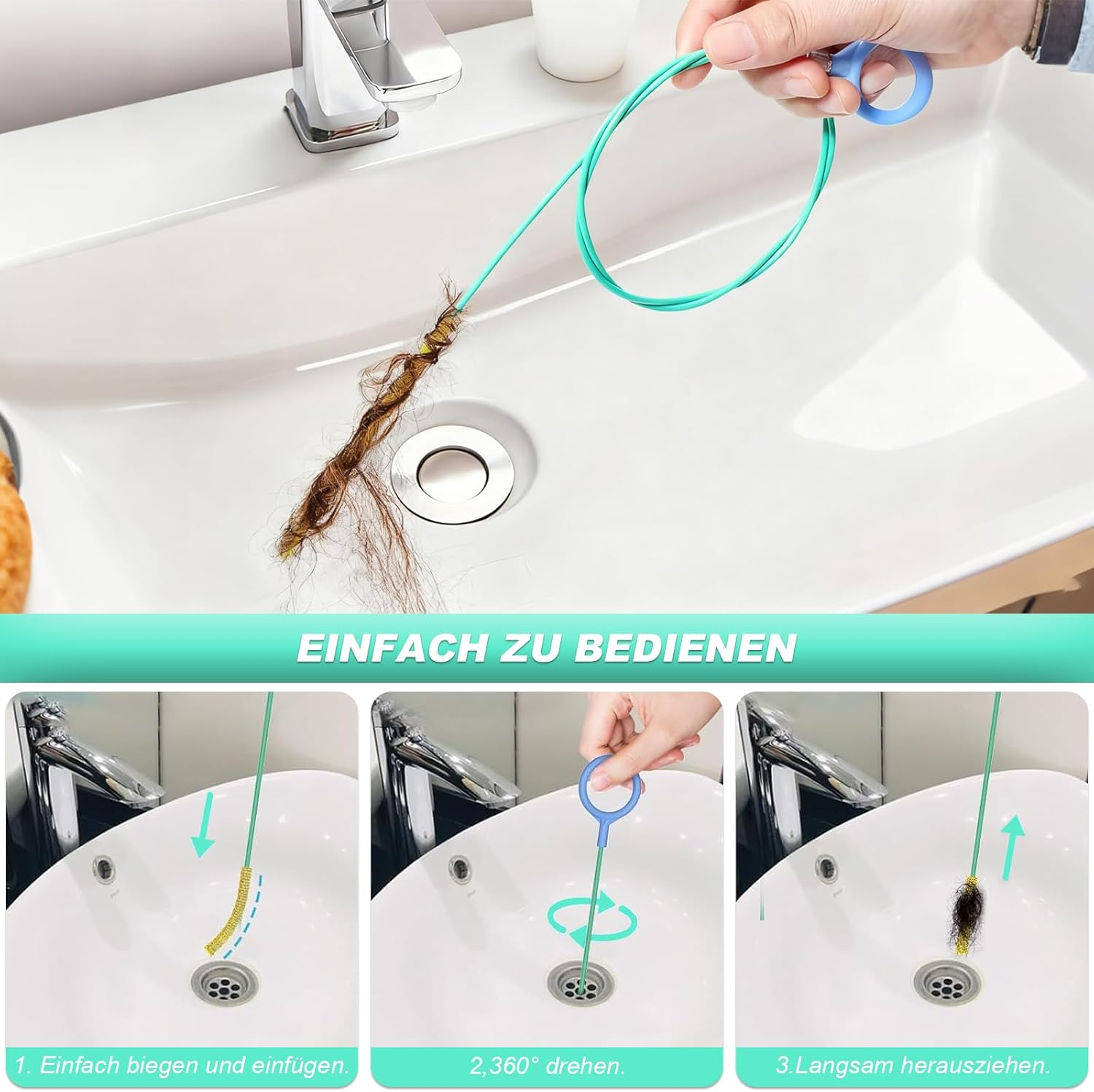 Pack of 5 Drain Cleaner Spiral, Unbreakable Stainless Steel Drain Cleaner Sticks, Flexible Pipe Cleaning Brush, Pipe Brush for Bathroom, Plug-In Hole, Kitchen, Drain Cleaner and Hair Catcher For image number 6