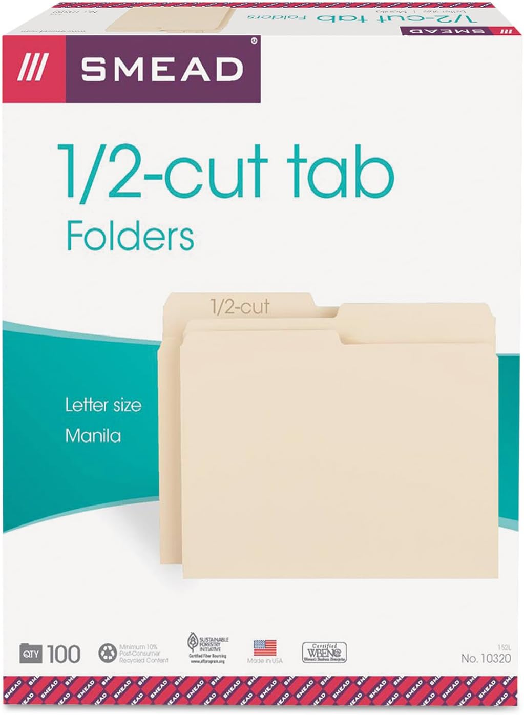 Smead File Folder, 1/2-Cut Tab, Assorted Positions, Letter Size, Manila, 100 per Box (10320) image number 1