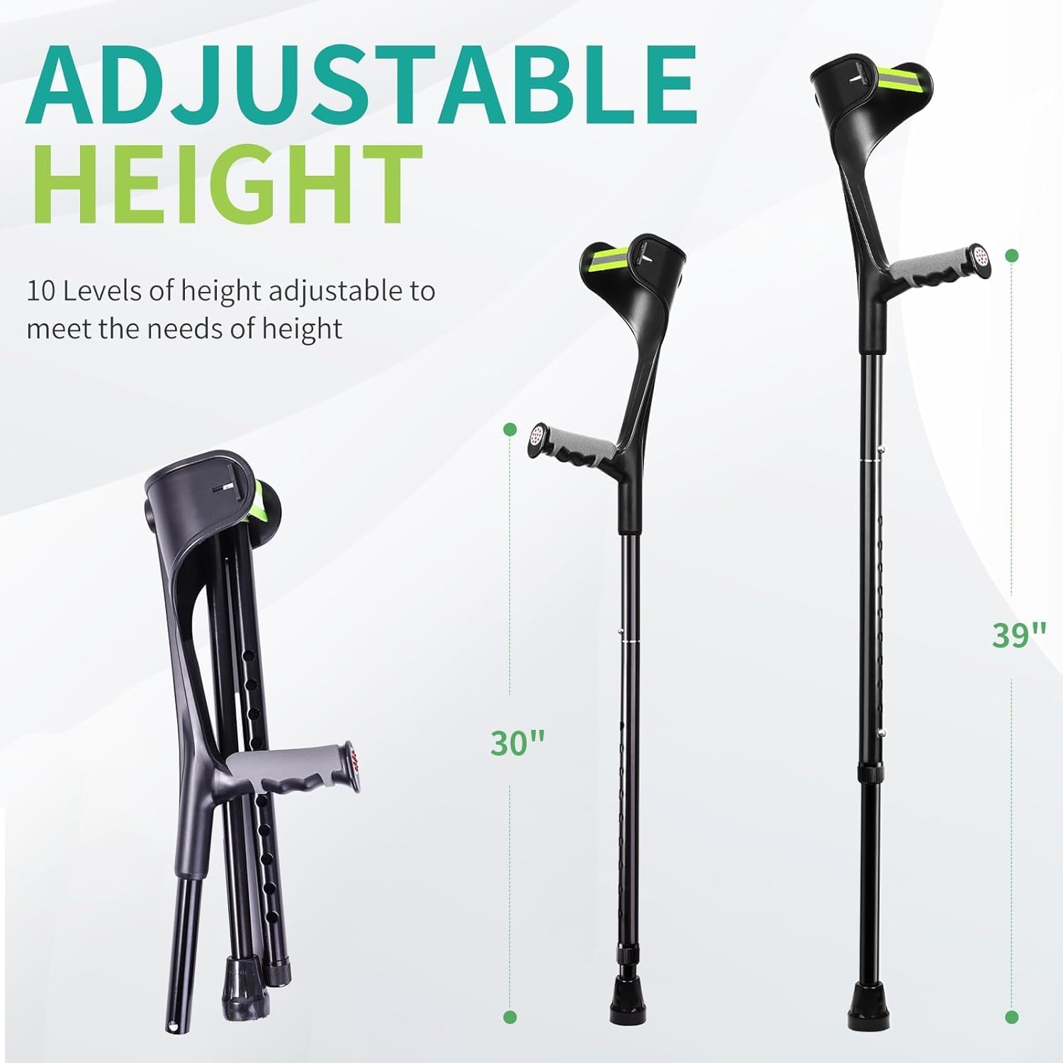 Forearm Crutches Upgraded Heightened (1 Pair), Aluminium Elbow Crutches, Forearm Crutches for Adults, Arm Crutches for Walking, 10-Level Adjustable Height, Lightweight, Anti-Dorp Cuff,Non-Slip image number 4