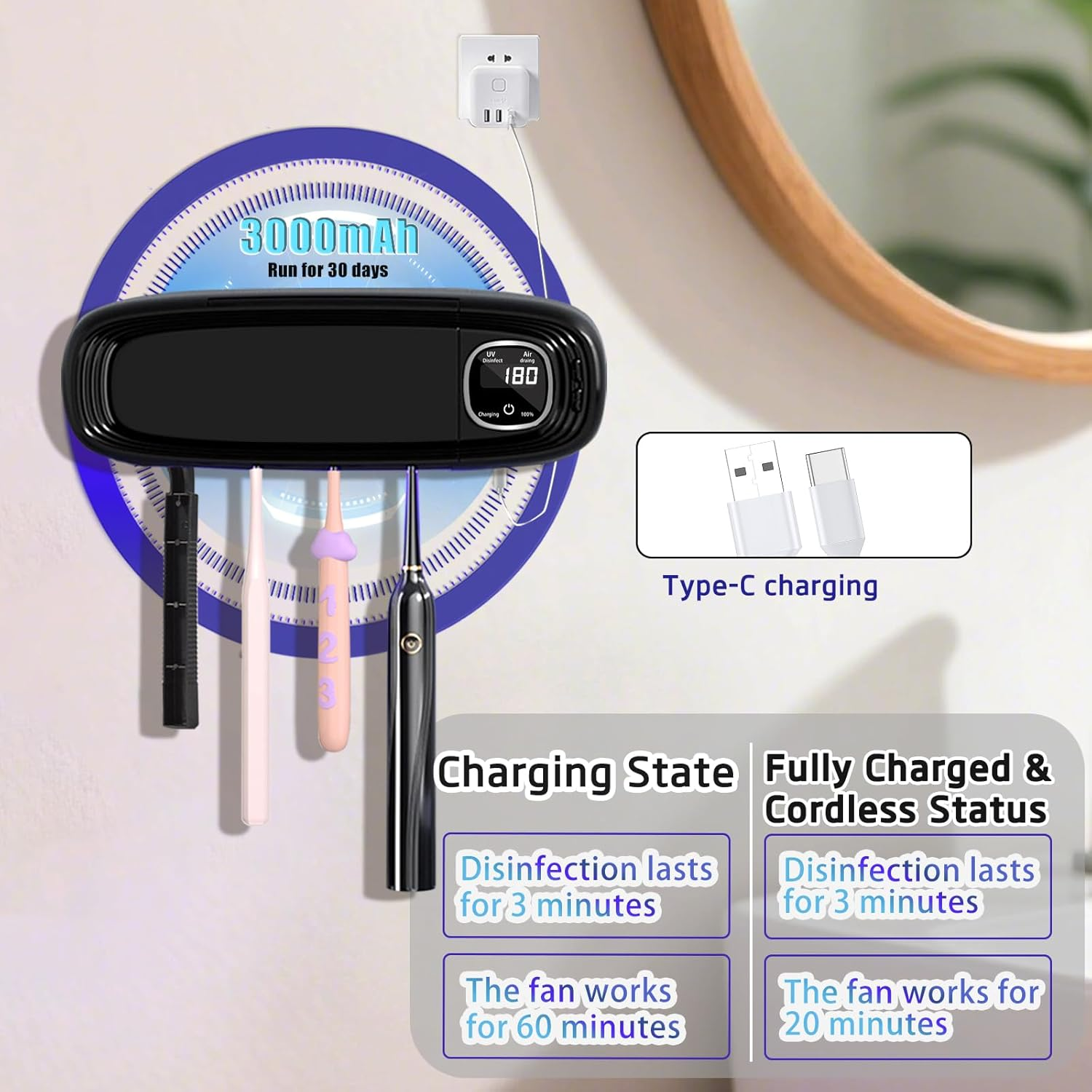 Toothbrush Sanitizer and Holder, UV Toothbrush Holder with Air Drying Function, Rechargeable LED Tooth Brush Holder Wall-Mounted for Bathroom, Timer Function, No Drilling, 4 Slots (Black) - Black image number 4