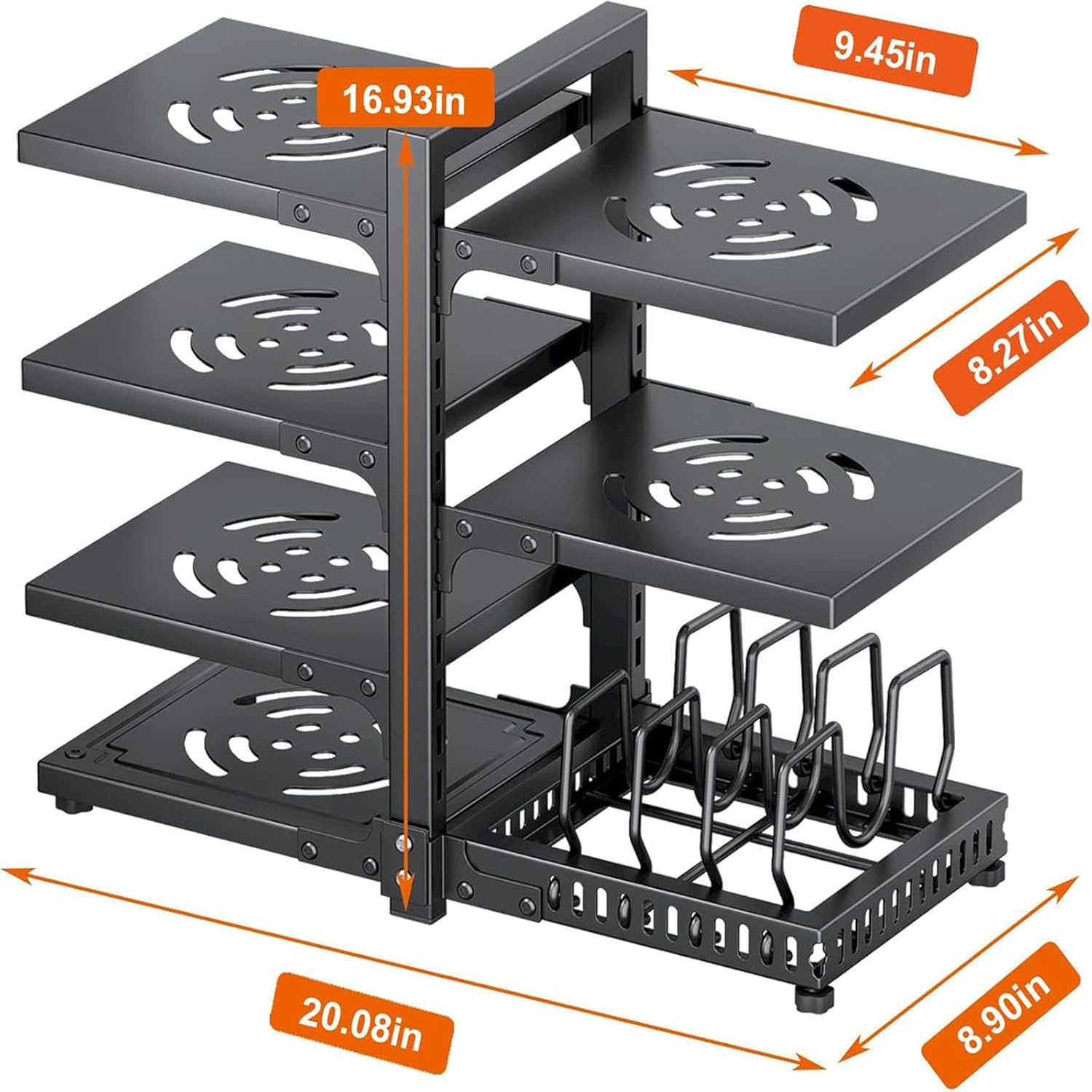 Heyinova Pots and Pans Organizer, 7-Tier Adjustable Pot Rack for Kitchen Cabinet Storage, Heavy Duty under Cabinet Pan Organizer (Black) image number 4