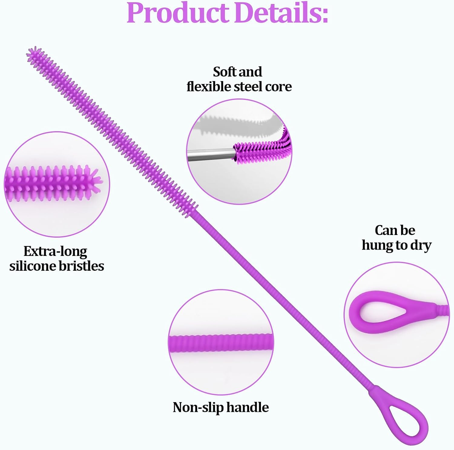 Silicone Straw Cleaner Brush, 2Pcs Straw Cleaner Brush Extra Long, Straw Brush Bristles Cleaner Brush for Cleaning Stanley, Metal Glass Straws, Drink Lid (Purple) - Black image number 6