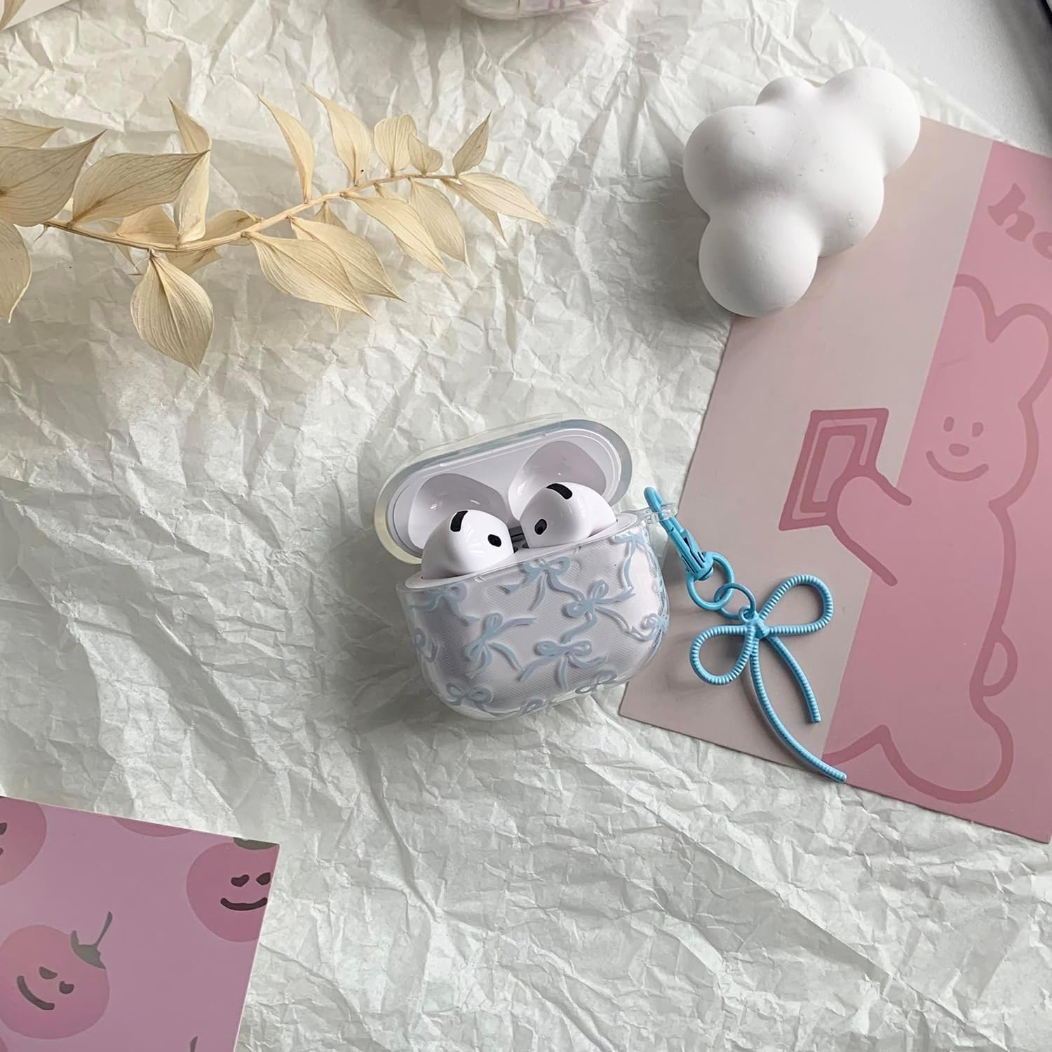 Case for Airpods Pro 2 with Cleaner Kit Soft Cute Bow Pattern Fashion Design Bowknot Aesthetic Shockproof Keychain Headphone Cases for Airpods Pro 2-Blue image number 4