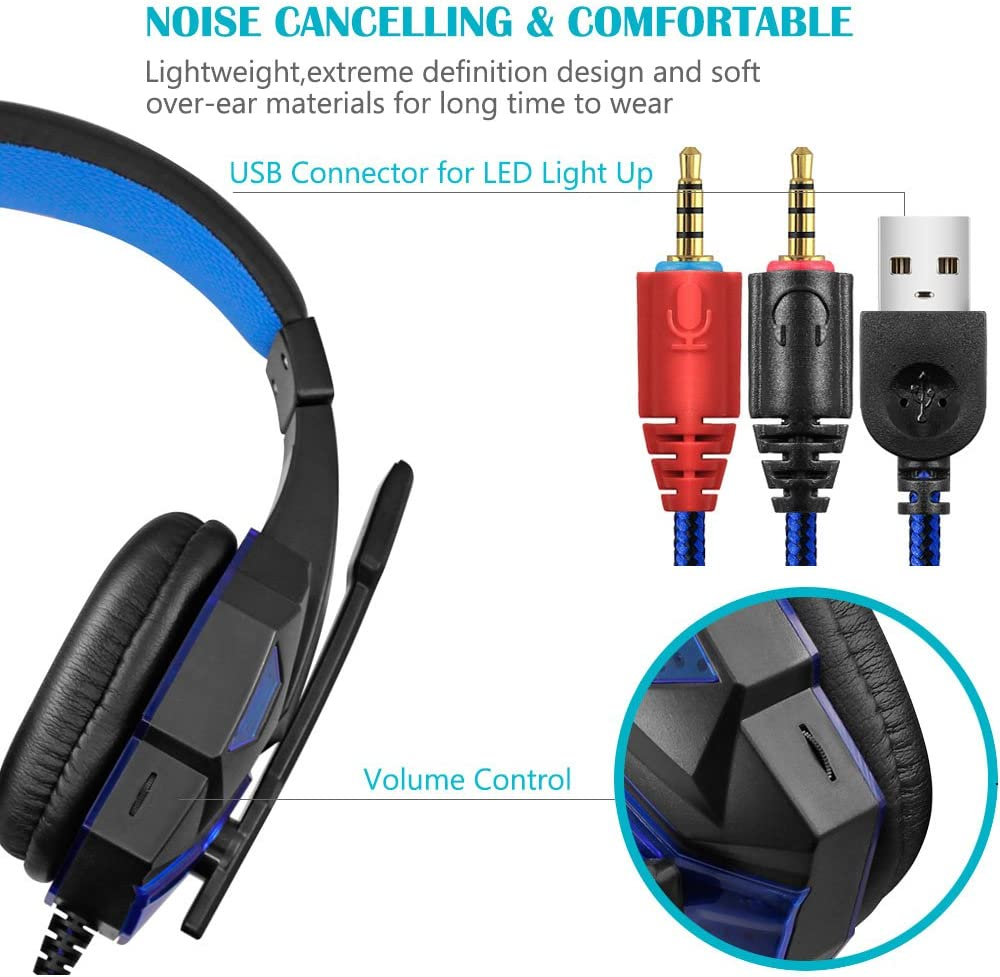 Gaming Headset with Mic and LED Light for Laptop Computer, Cellphone, PS4 and so On, Maxin 3.5Mm Wired Noise Isolation Gaming Headphones - Volume Control.(Black and Blue) image number 4