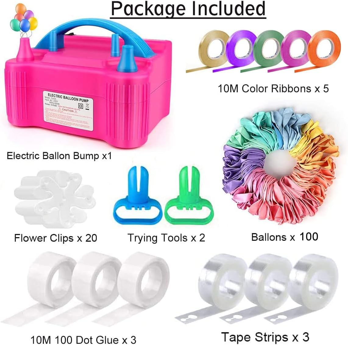 Electric Air Balloon Pump, Portable Balloon Inflator with 100 PCS Macaron Balloons, Tying Tools, 20 Flower Clips, Tape Strip and Dot Glues Balloon Blower for Garland Party Birthday Wedding Decorations