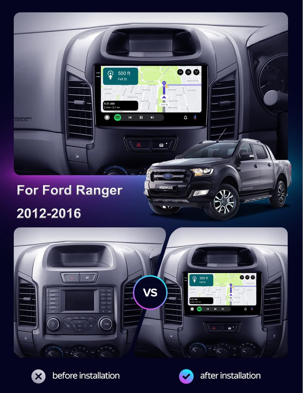 Car Stereo Radio for Ford Ranger 2012-2016 - 9 Inch Wireless Carplay&Android Auto GPS Wifi Bluetooth FM Backup Camera SWC (Fit for Bose System), 2+32Gb,Android 14 image number 4