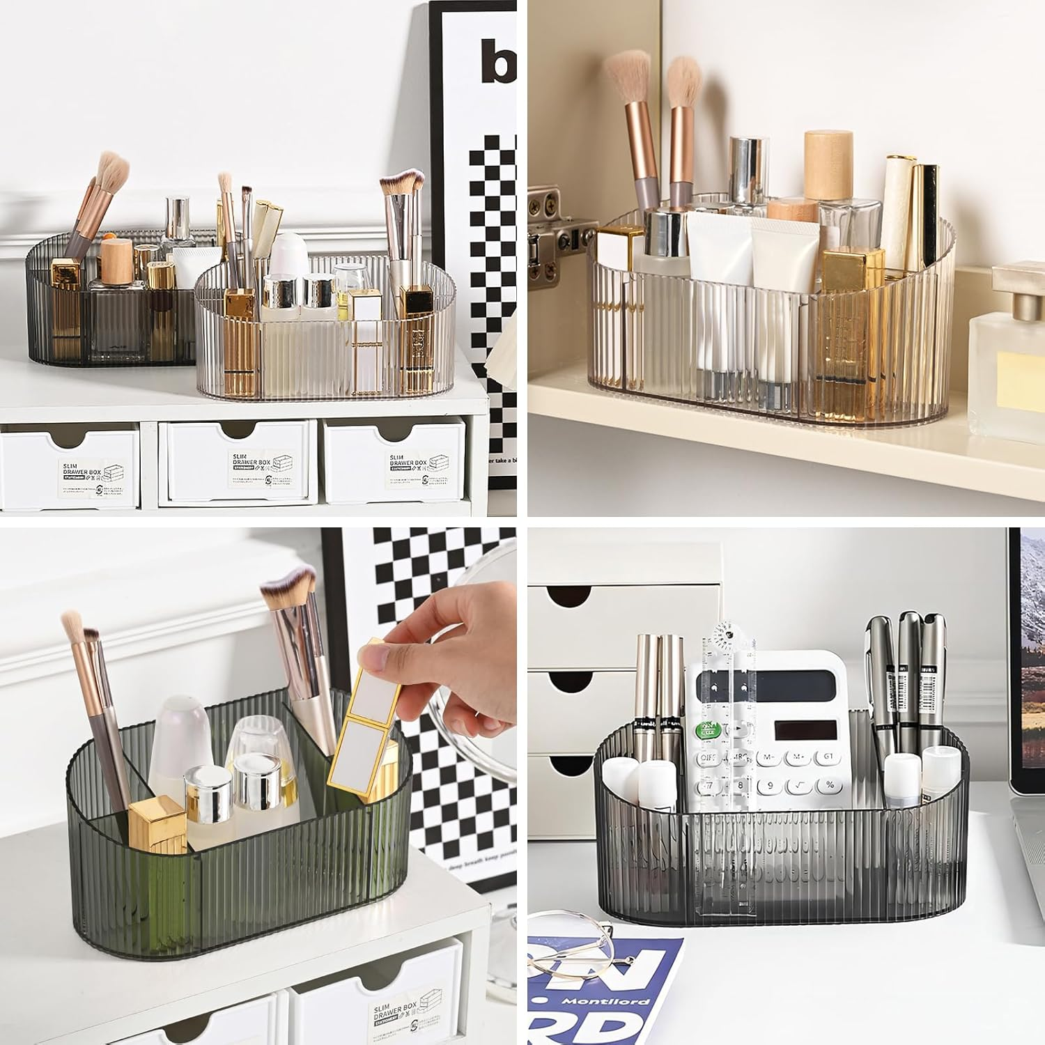 DASITON Capacity Makeup Brush Holder,5 Slot Makeup Brush Holder,Vintage Striped Make up Brush Holder,For Vanity Decor,Bathroom Countertops,Desk Storage Container,Cosmetic Display Cases(Clear) - Grey image number 3