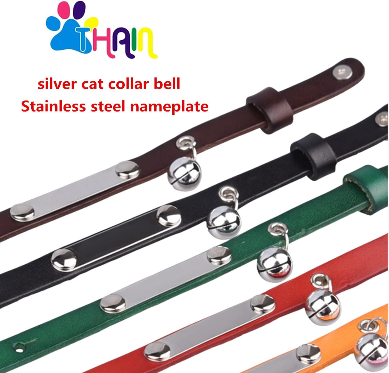 THAIN Cat/Kitten Collar Personalized Genuine Leather with Bell,Custom Nameplate 2Pack (Xs(Neck 6.3-8.6"), Orange+Red) image number 3