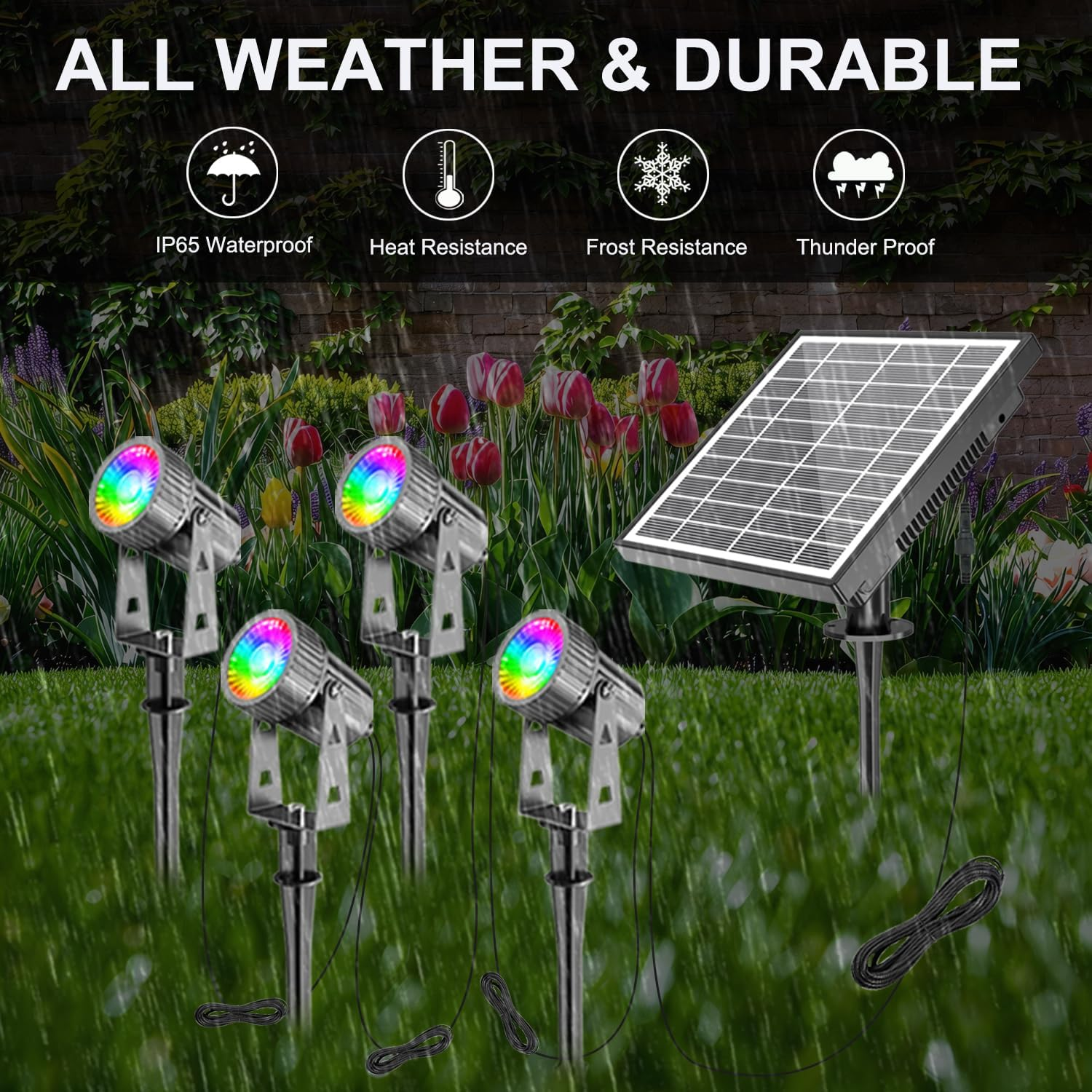 Solar Spot Lights, 4 in 1 Solar Garden Spotlights Outdoor Waterproof Color Changing Daytime Working with USB Charging, Remote for Pathway Landscape Tree Lawn Yard Pool