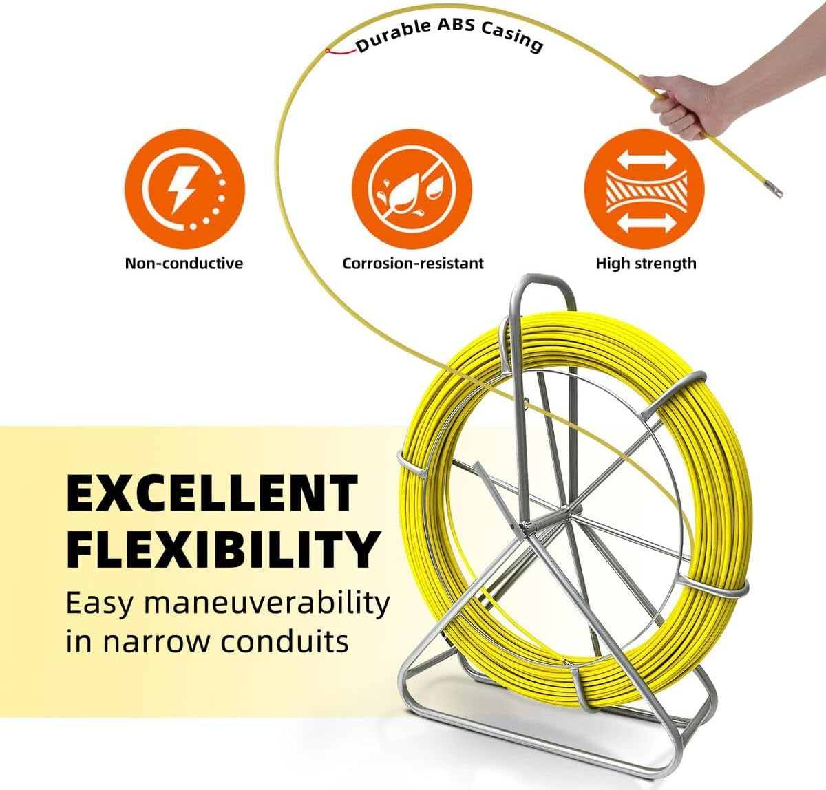 AUSWAY Fish Tape Puller Fibreglass 130Mx6Mm Wire Cable Running Duct Rodder Electrical Fishtape Pulling Rod NBN Tool Brake Portable Steel Reel Stand Sewer image number 2