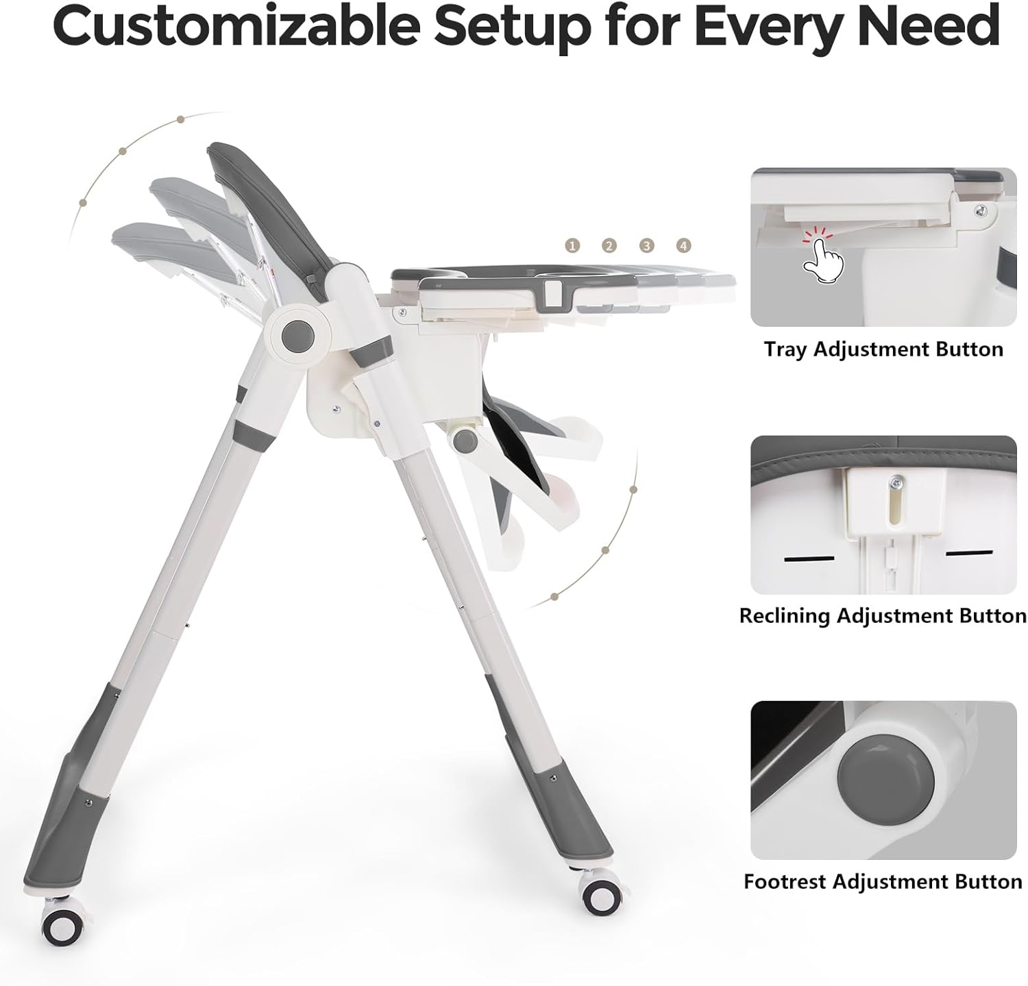 Cochildor 3 In1 High Chair, Easy Clean Foldable Highchair with Adjustable Height, Reclining Mode, 5-Point Safety, Removable Tray, Lockable Wheels, Washable Cushion, Idealfor Babies & Toddlers, Grey - Green image number 4