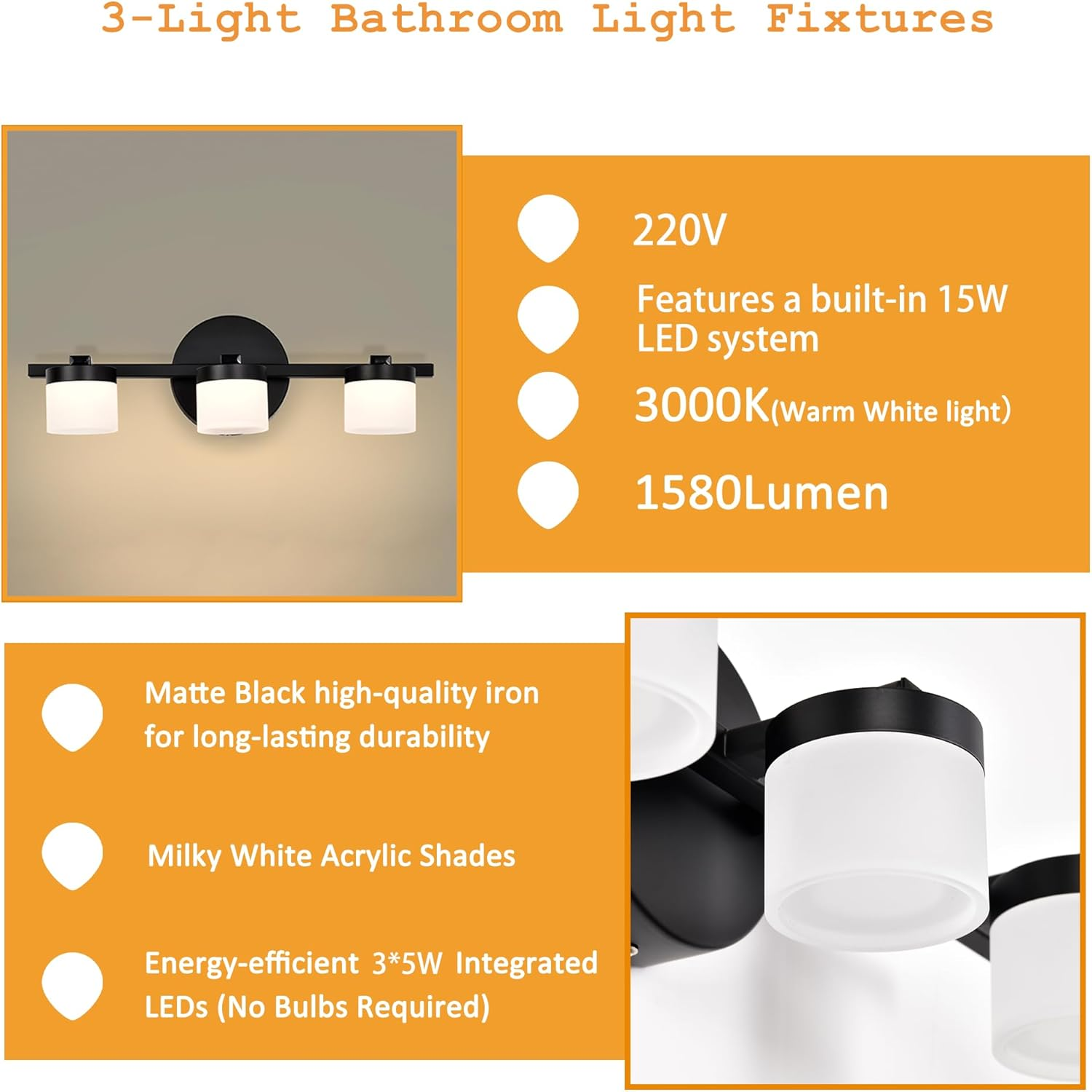 Modern Bathroom Vanity Light 3-Light LED 3000K, 40Cm Black Wall Light with Acrylic Crystal Shades, over Mirror Lighting Fixture image number 2