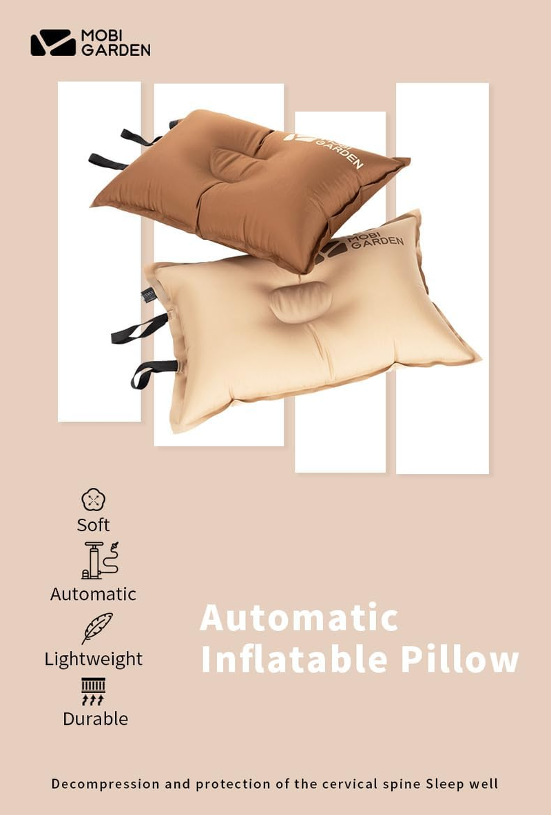 MOBI GARDEN Camping Inflatable Pillow, Automatic Ultralight Sponge, Comfortable Outdoor Travel Sleeping Pillow (Brown)