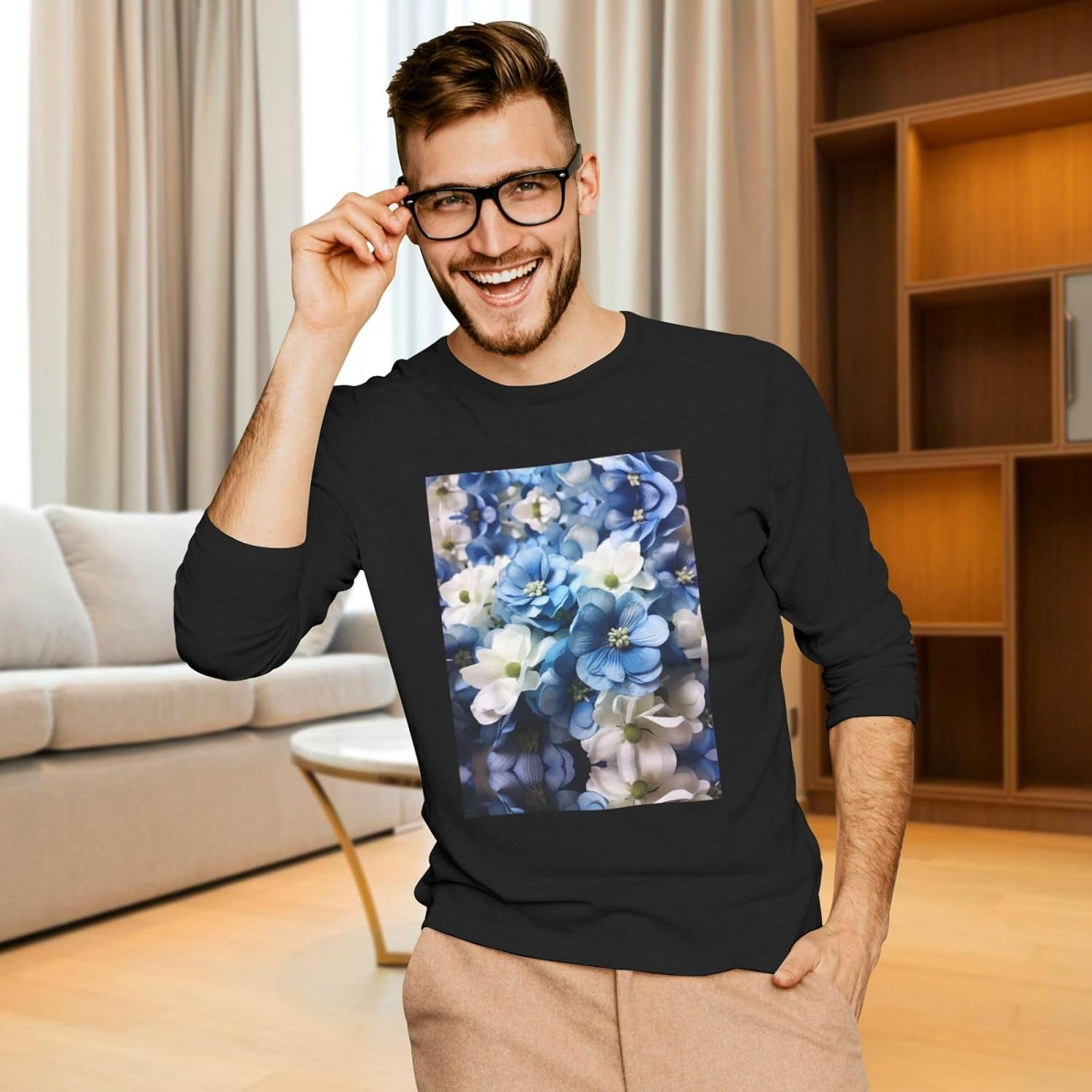 Blue White Flower Men'S round Neck Long Sleeved T-Shirt Casual Long Sleeved Men'S T-Shirt without Pockets image number 2
