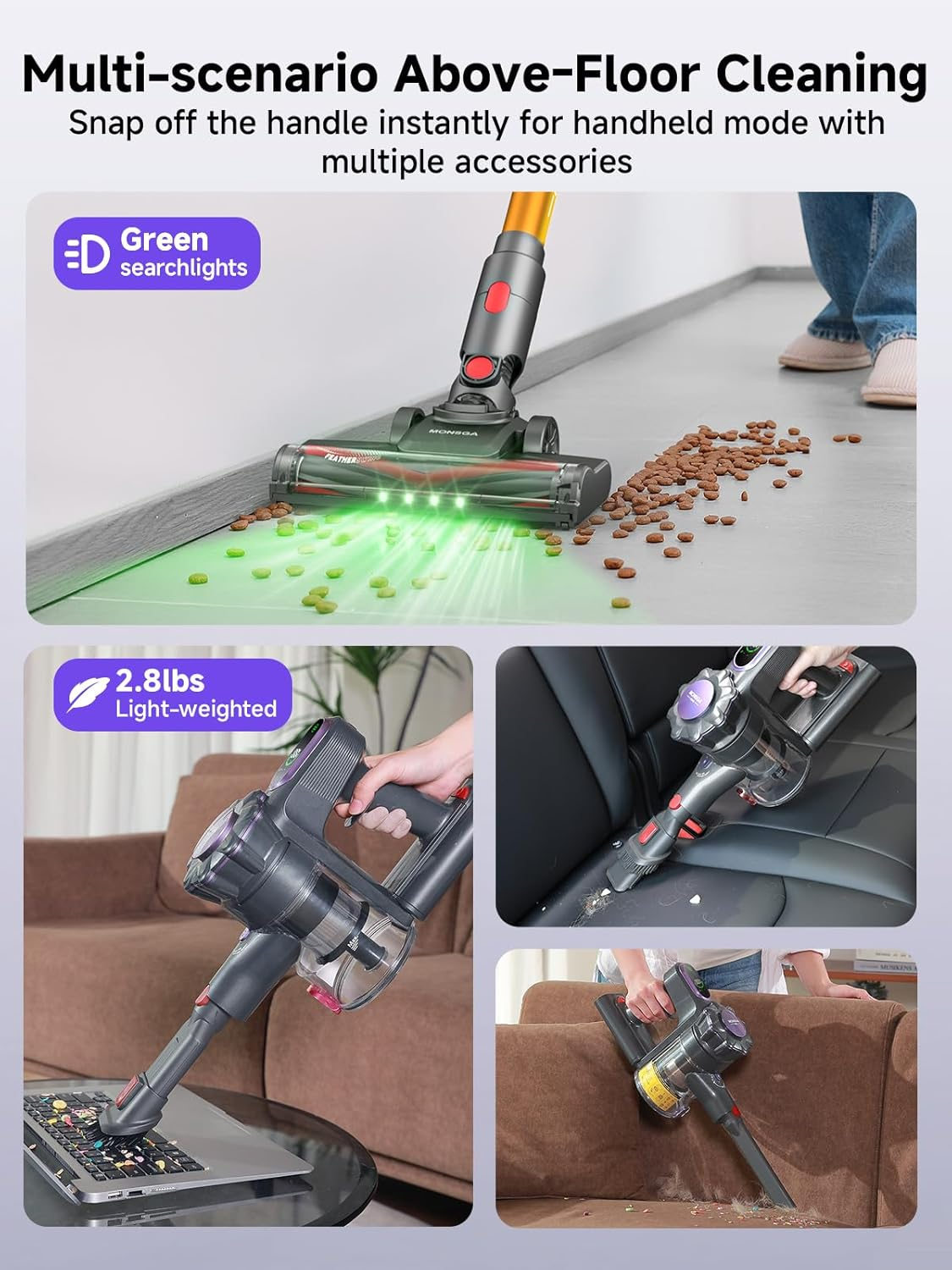 MONSGA Cordless Vacuum Cleaner, 45Kpa Stick Vacuum for Home, 50Mins Anti-Tangled Vacuum Cleaner with Charging Dock, Light-Weighted Handheld Vacuum for Pet Hair/Carpet/Floor, MV3 (Gold) image number 3