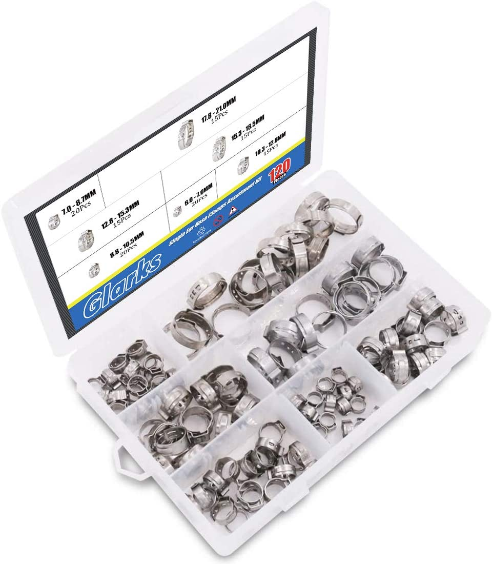 Glarks 120Pcs 7-21Mm 304 Stainless Steel Single Ear Hose Clamps Assortment Kit