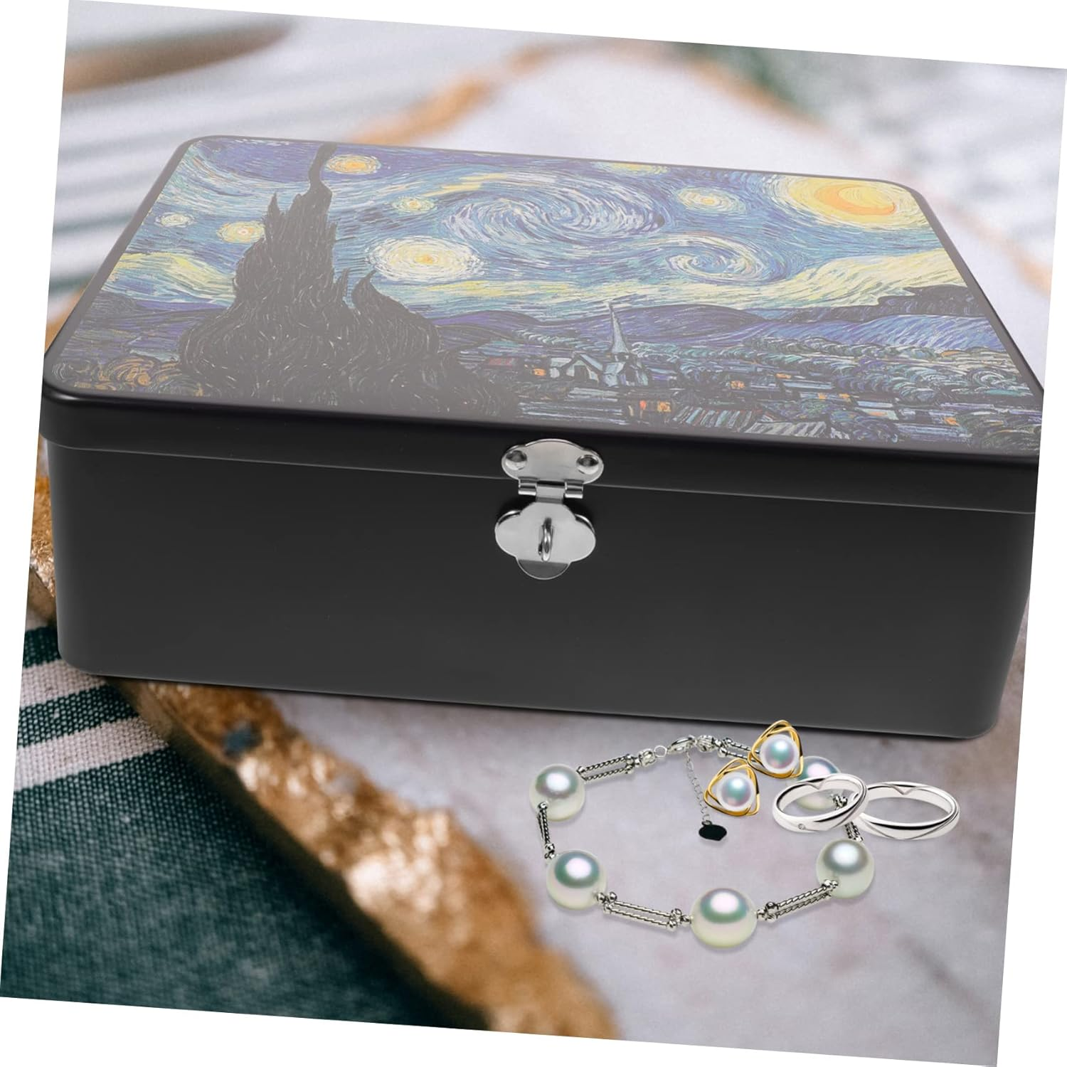 Vintage Large Tinplate Storage Box Lock Metal Organizer Decorative Storage Container Suitable for Home Desktop Jewelry and Keepsakes image number 1