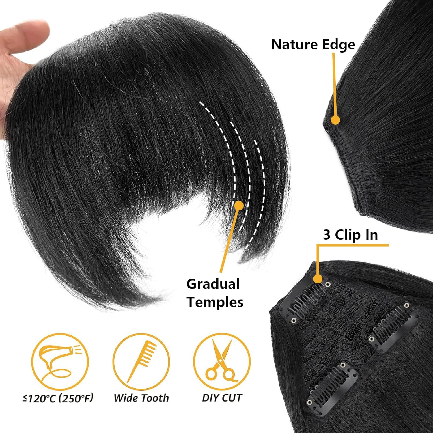 G&T Wig Yaki Clip in Bangs for Black Women Short Straight Bangs Hair Extensions Clip on Bangs with Temple Thick Bangs Fringe Hairpieces (1B,Single Bangs)