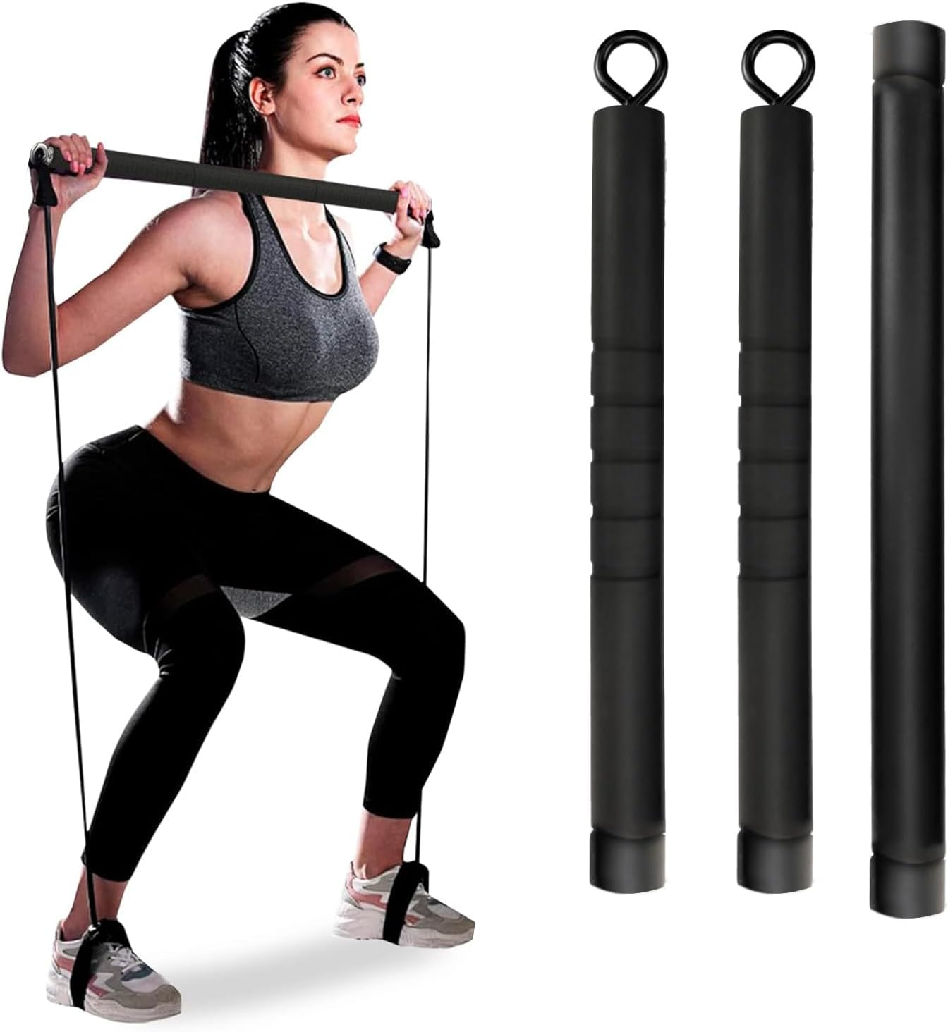 Tavvke Resistance Band Bar, Portable Pilates Bar for Home & Gym, Removable Fitness Exercise Puller Pull for Strength Training Aerobic Exercise, Core Muscle and Full-Body Training, Black, 3 Sections