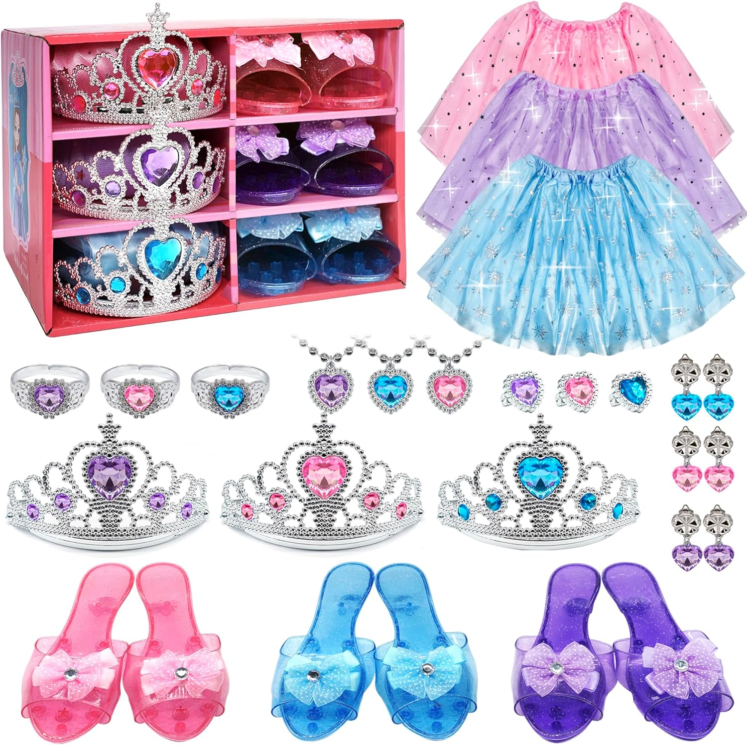Princess Dress up Shoes Jewelry Set, Toys for Girls Shoes Costumes Set Incl Color Skirts, Shoes, Crowns, Earring, Bracelet, Ring, Kids Christmas Party Role Play Birthday Gifts for 3-6 Year Old Girl image number 6