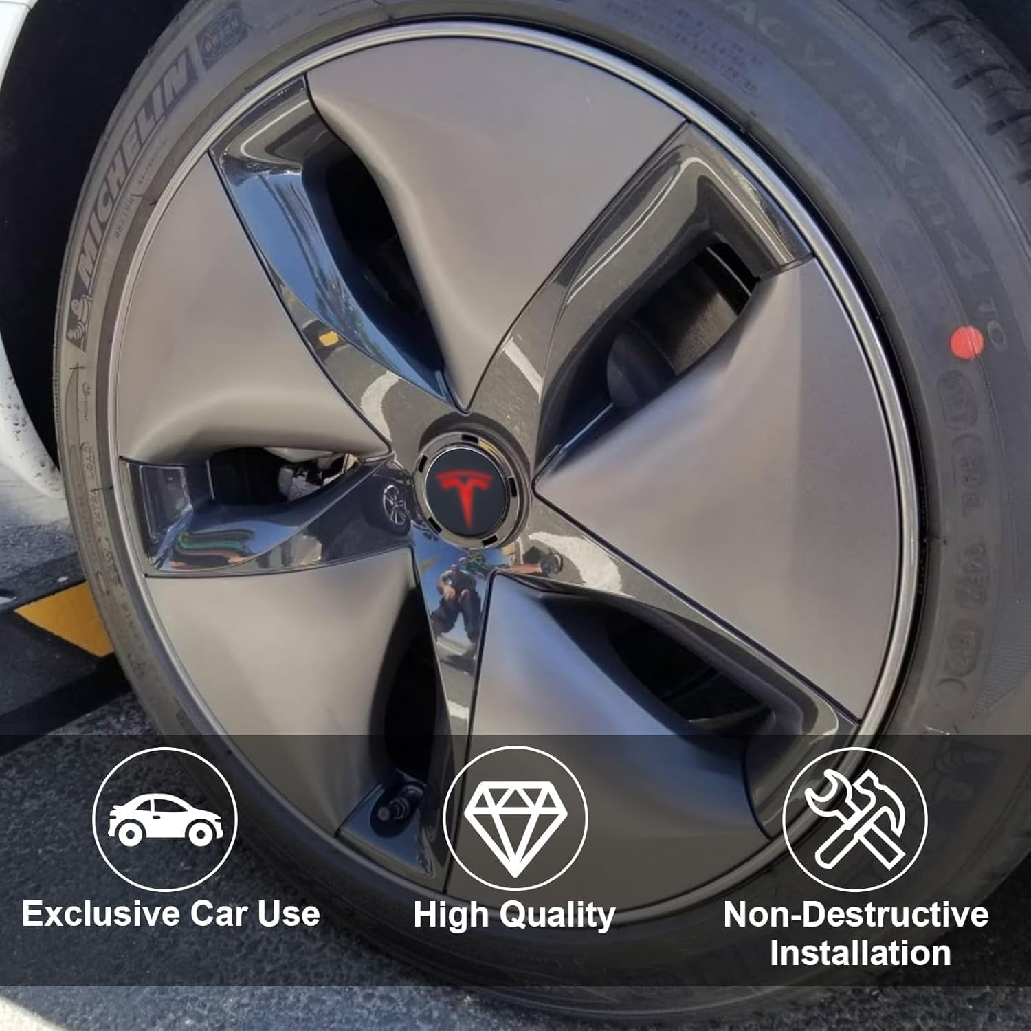 Hub Center Cover Kit, Including 4 Hub Center Covers, 20 Black Nut Covers and a Puller for Removal, Suitable for Tesla Model Y/Model 3 (Red) -Mecus