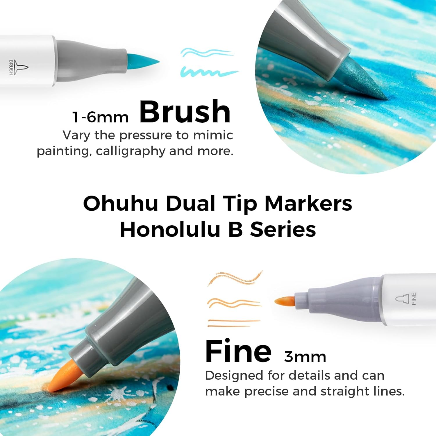 Ohuhu Pastel Alcohol Brush Markers - 48 - Blossoming - Double Tipped Art Markers for Artist Adults' Coloring Illustration - Brush & Fine Dual Tips - Honolulu B image number 1