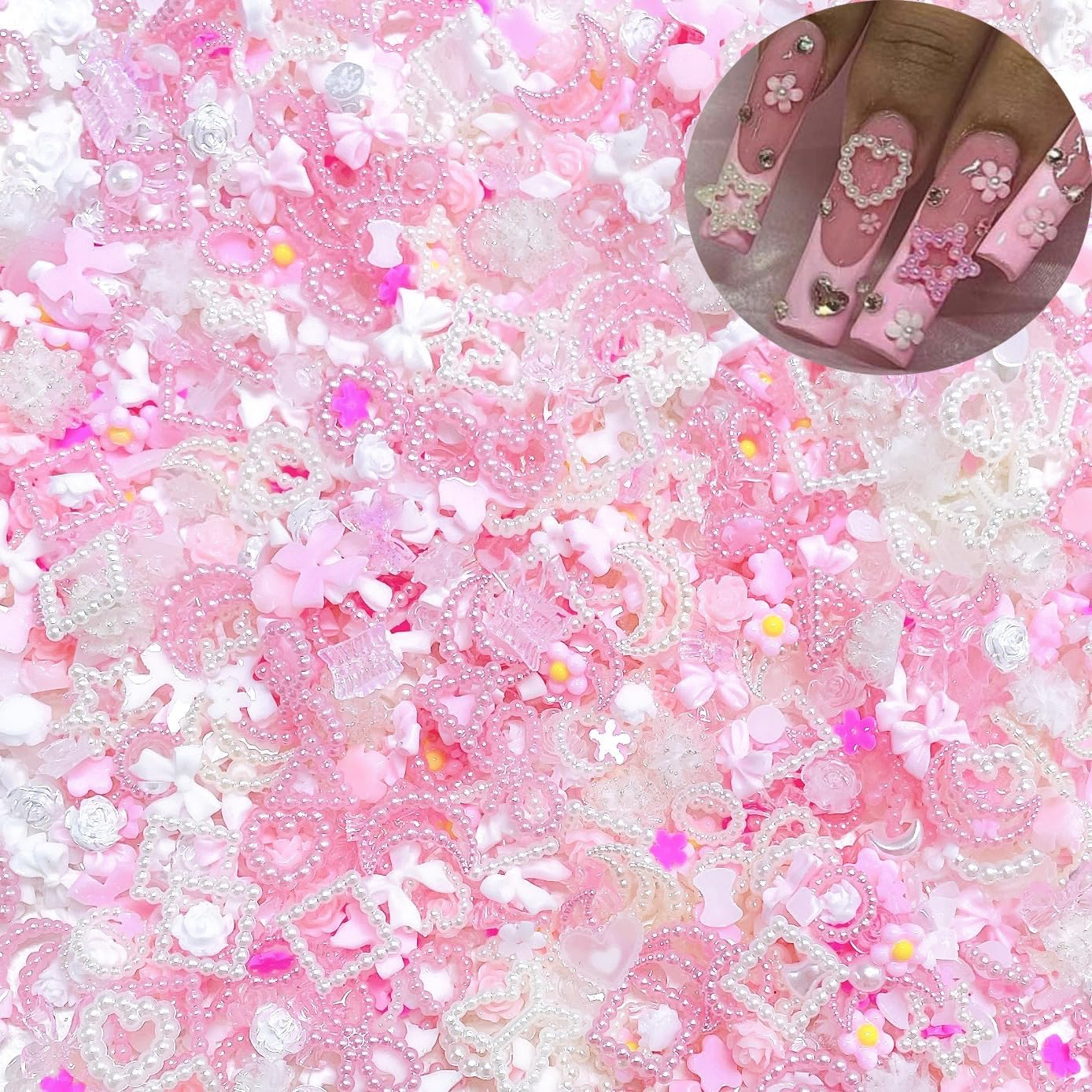 Pink&White 3D Multi Shapes Nail Charms and Flatback Pearls, Mix Styles Heart Star Bow Flower Embellishments for Nail Art, DIY Craft and Decoration, Pink01 image number 2