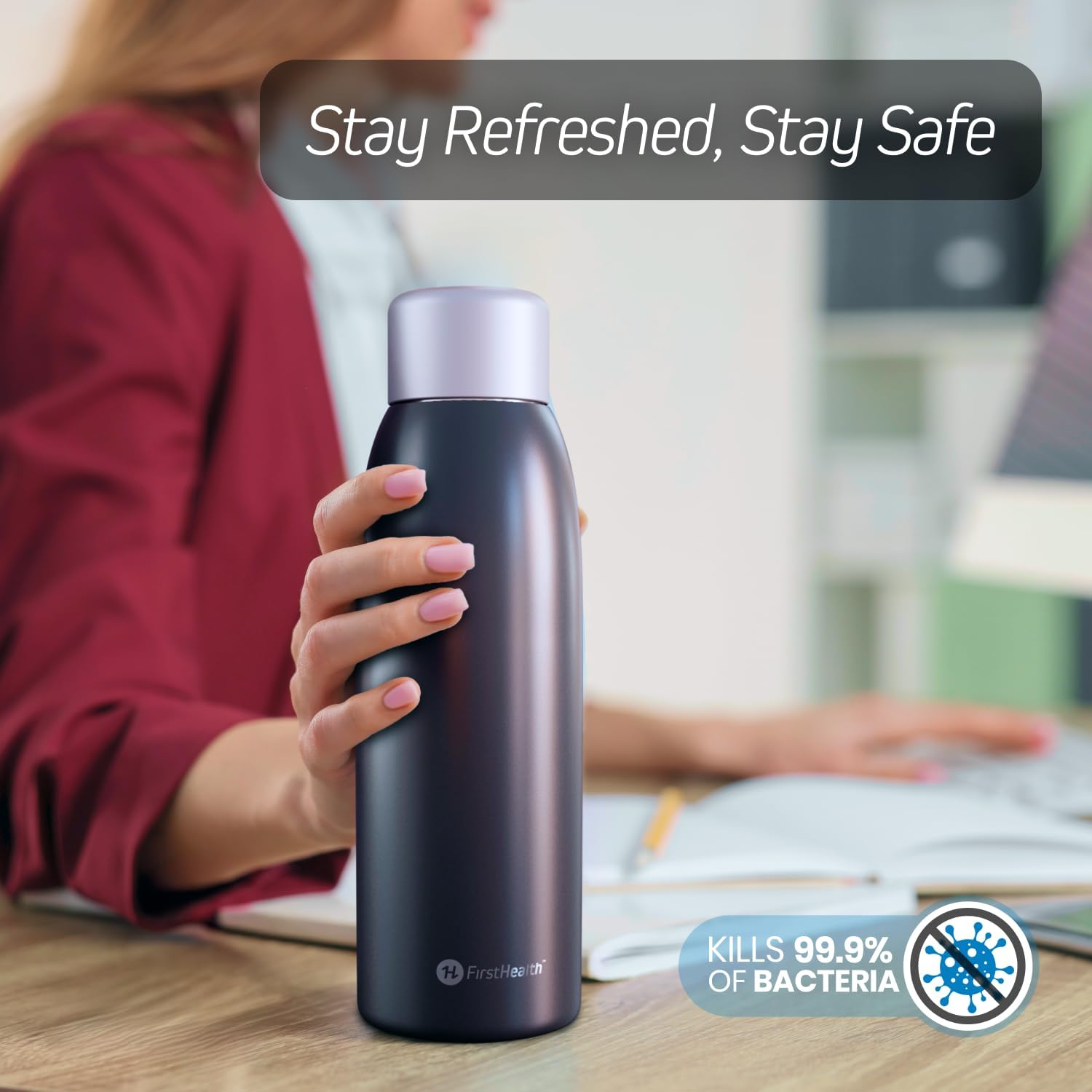 FIRSTHEALTH UV Self-Cleaning and Water-Purifying Bottle -18 Ounce Insulated Rechargeable Stainless-Steel Tumbler, Reusable, Kills 99.9% of Germs, Bacteria. Keeps Hot for 12-HR or Cold for 24-HR image number 1