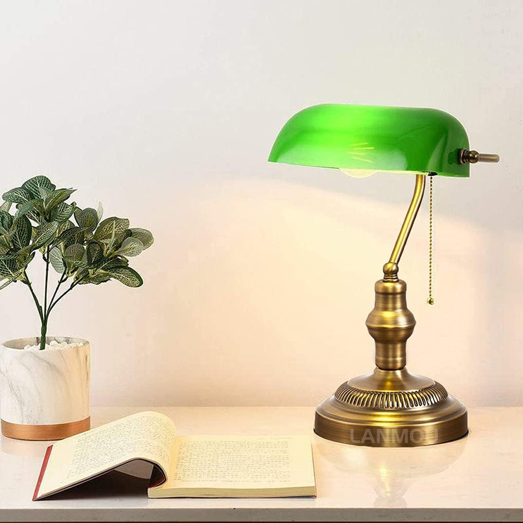 OIJVRHN Desk Lamp Retro Green Glass Shade Polished Brass Metal Base E27 Bankers Table Lamp with Pull Line Switch image number 3