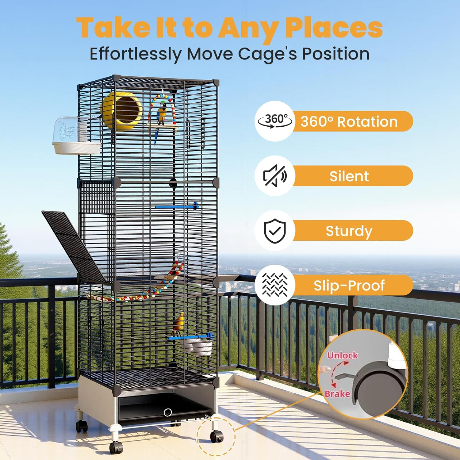 Uandhome Large Bird Cage, Wrought Iron Parrot Cage, Bird Cages with Wheels, Parakeet Flight Cage, Side Nesting Doors, Heavy-Duty Pet Birds House for Birds Aviary, Parakeets, Standing Birdcages