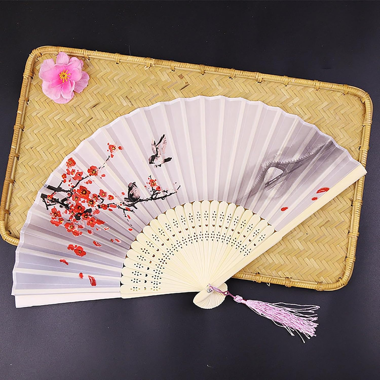 Small Folding Hand Fan - Japanese Silk Folding Fans | with Tassels Silk Bamboo Tassel Fan Antiquity Chinese Fan for Dance Bamboos Fan Manolyee - Style 7 image number 7