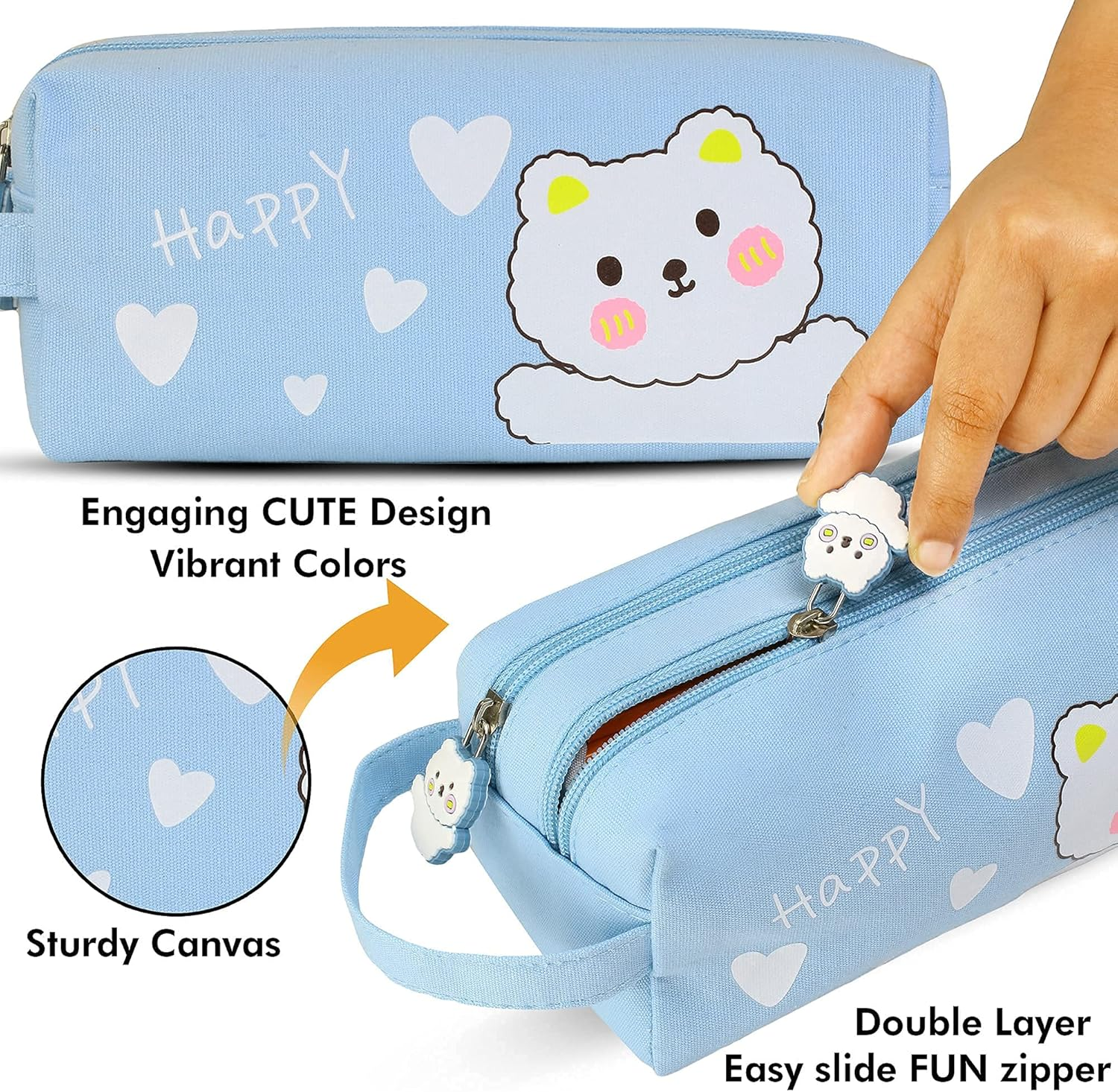 Wittysilly Cute Bear Pencil Pouch for Boys, Kawaii Large Capacity Blue Pencil Case, Stationery Organizer Bag, High School College Pen Case, Office Supply Case Organizer (Sky Blue) - Mint Green image number 4