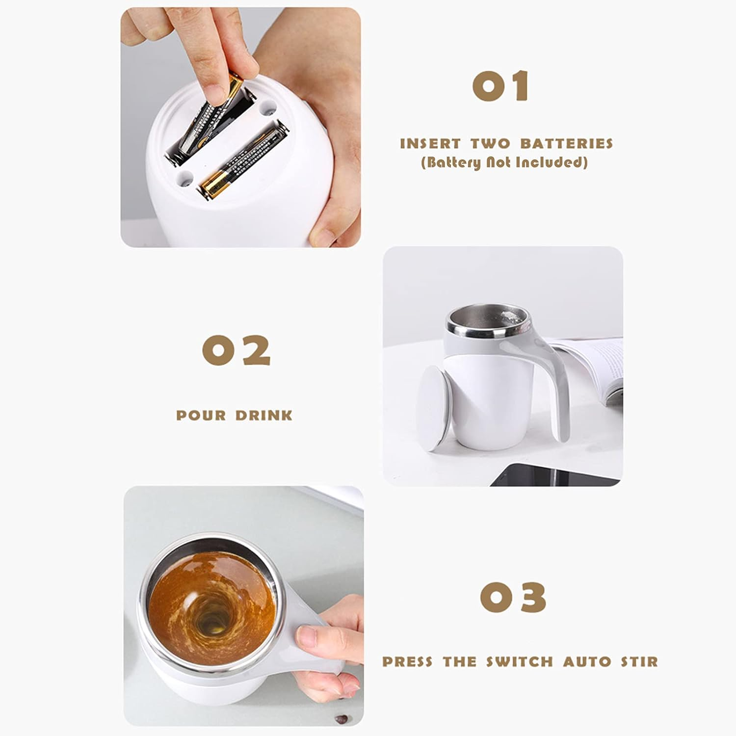 Staright 380Ml Self Stirring Mug with Lid Automatic Magnetic Stirring Coffee Cup Electric Stainless Steel Self Mixing Coffee Cup for Coffee Milk Cocoa Hot Chocolate image number 4