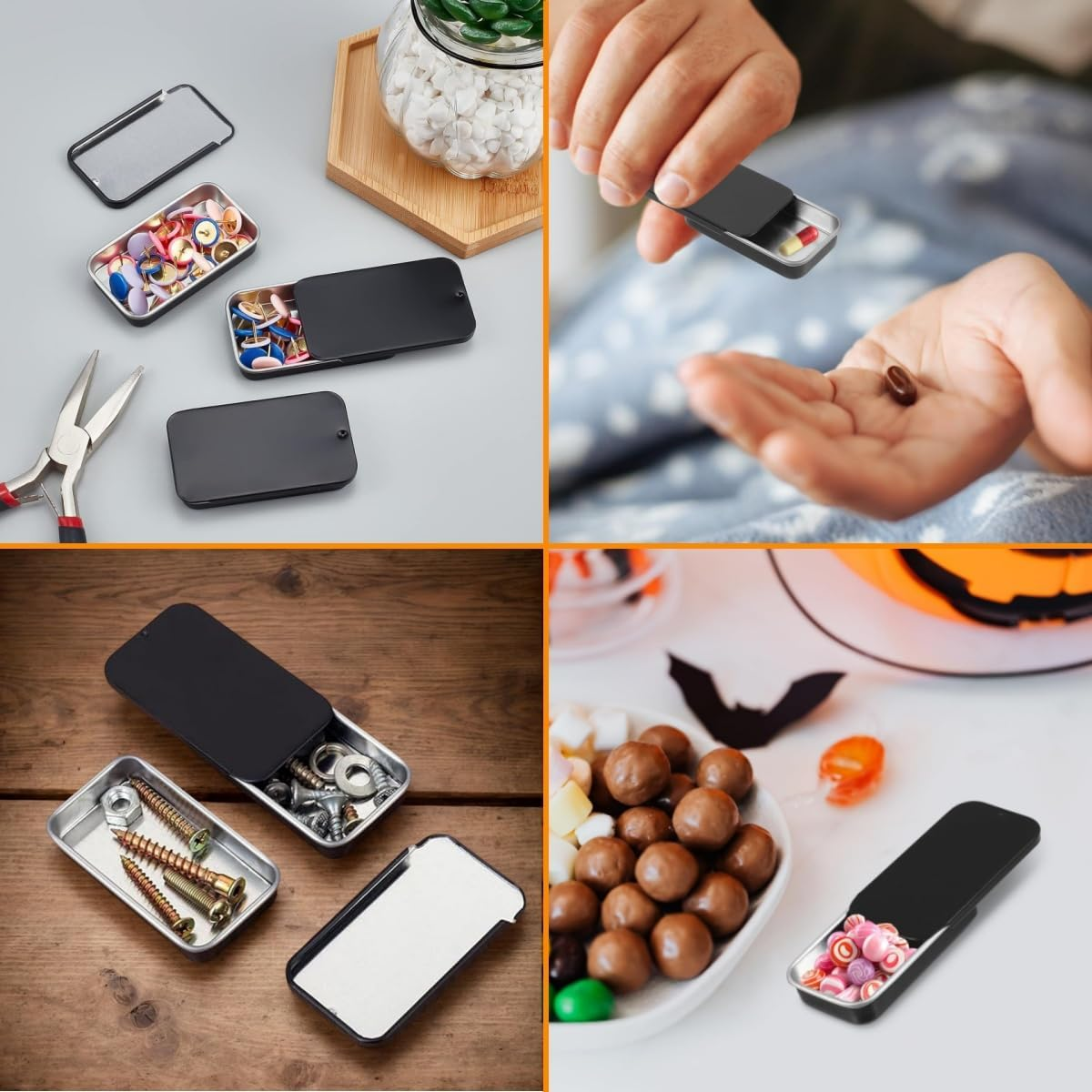 12 PCS Mini Portable Slide Top Small Tin Containers,Ywbfove Black Metal Tins Box Empty Storage Organizer Tins with Lids for Lip Balm Candies Candles(2.36In X 1.34In X 0.39In) image number 4