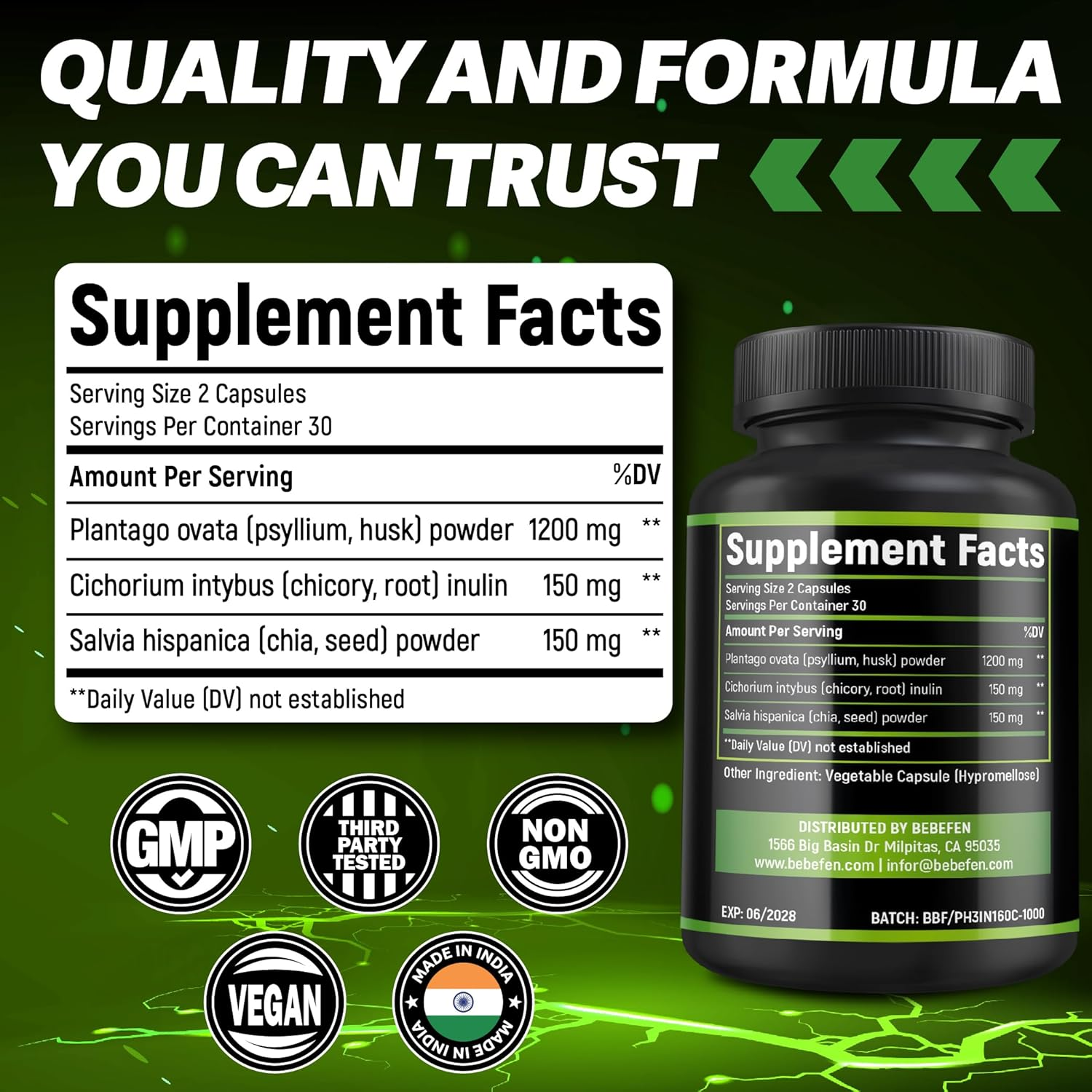 Psyllium Husk Fiber Supplement, 1,500Mg per Serving | with Inulin & Chia Seed | Plant-Based, Non-Gmo, Gluten-Free (60 Capsules) image number 4