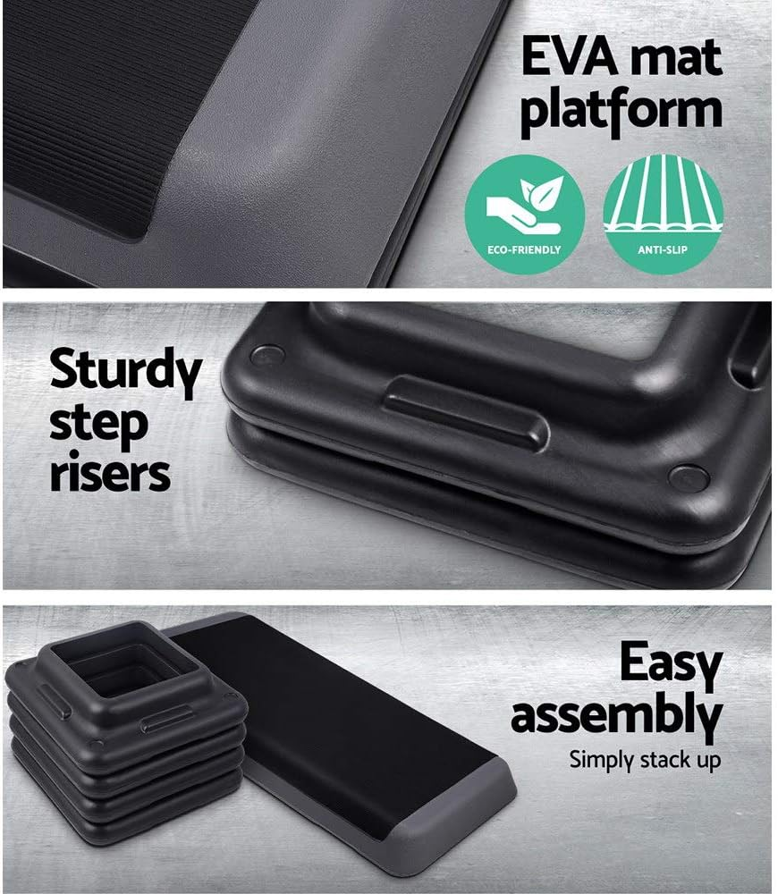 Everfit Aerobic Step, 110Cm Length Exercise Stepper Platform Steps Fitness Machines Mini Steppers Home Gym Workout Cardio Training under Desk Equipment, Adjustable 3 Level Anti-Slip Black