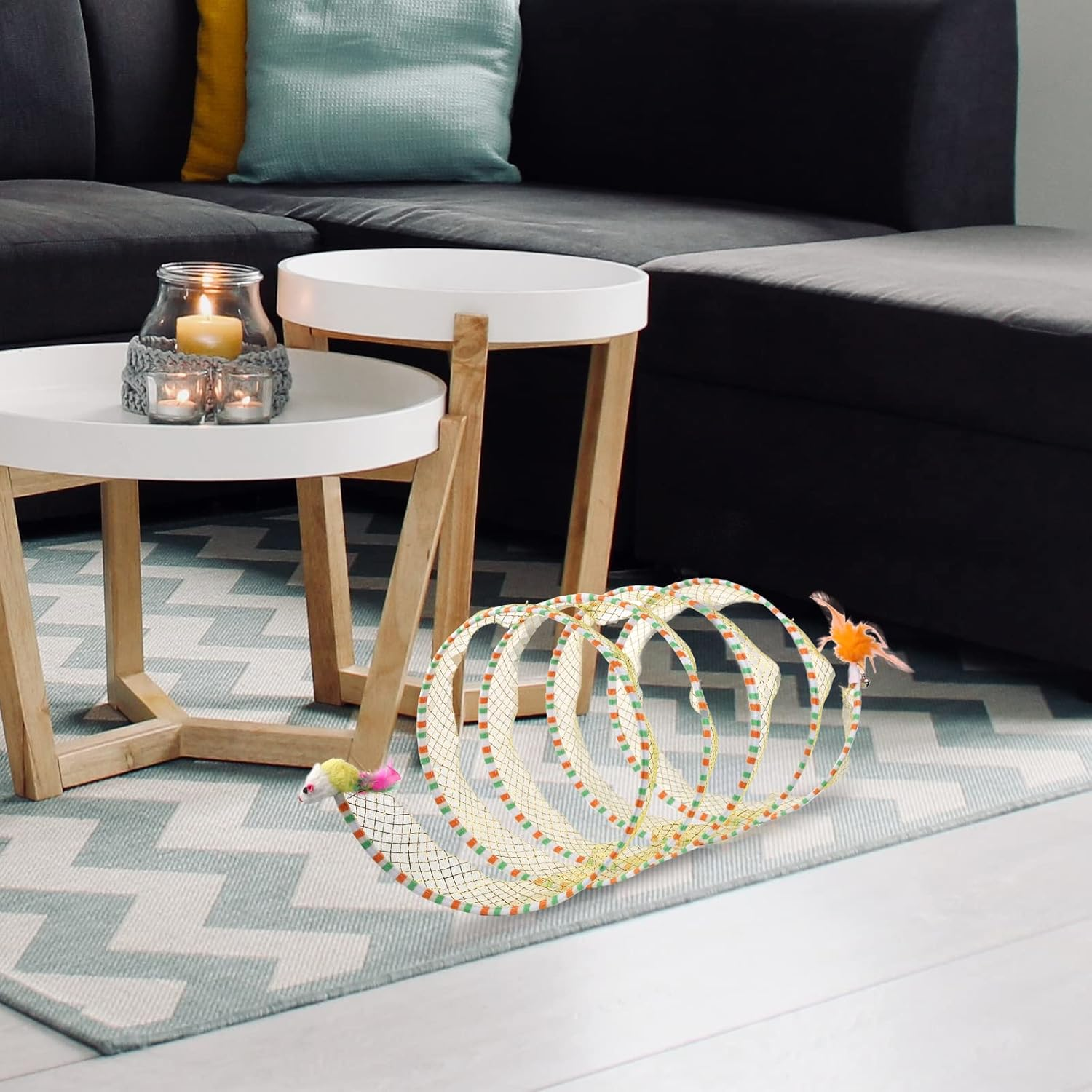 2Pcs, Folded Cat Tunnel Spring, 10In Large Size Portable Cat Toy Spiral Tunnel, with Synthetic Feather and Toy Mouse Tunnel Spring Outdoor Puppy Kitten Generic (Striped Yellow, Purple) image number 5